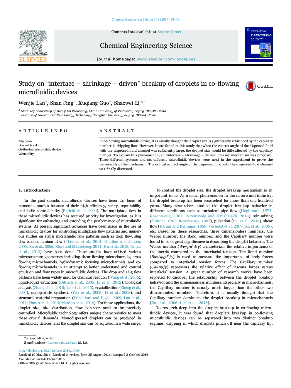 Study on “interface - shrinkage - driven” breakup of droplets in co-flowing microfluidic devices