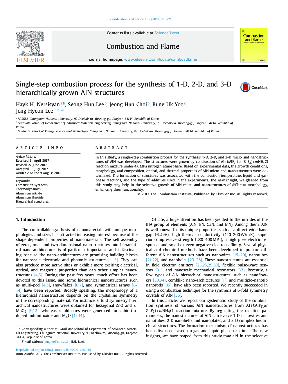 Single-step combustion process for the synthesis of 1-D, 2-D, and 3-D hierarchically grown AlN structures