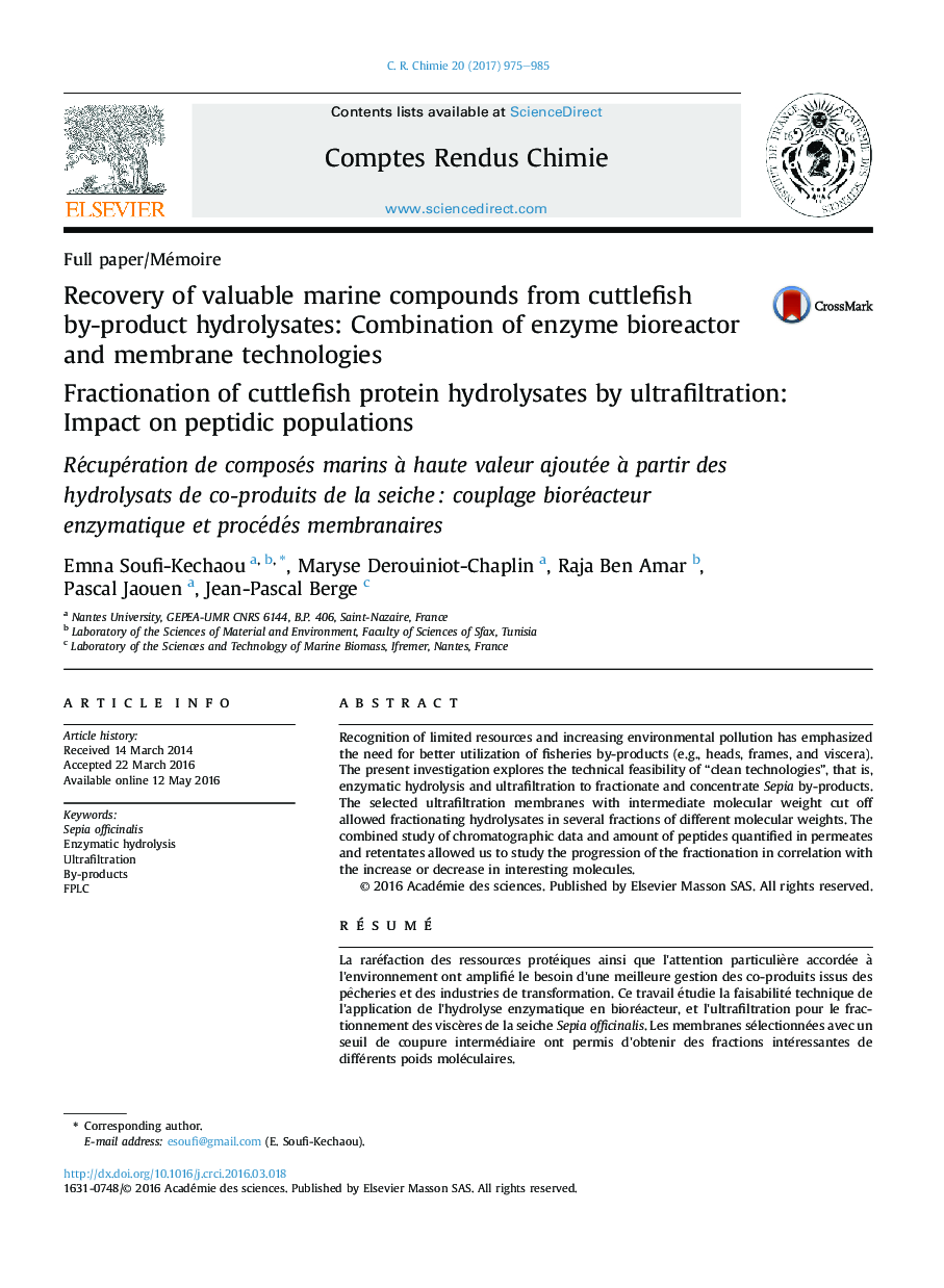 Recovery of valuable marine compounds from cuttlefish by-product hydrolysates: Combination of enzyme bioreactor and membrane technologies: Fractionation of cuttlefish protein hydrolysates by ultrafiltration: ImpactÂ on peptidic populations