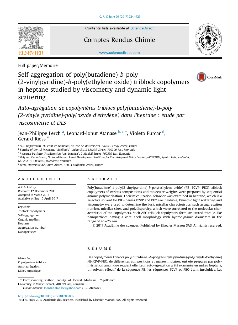 Self-aggregation of poly(butadiene)-b-poly(2-vinylpyridine)-b-poly(ethylene oxide) triblock copolymers in heptane studied by viscometry and dynamic light scattering