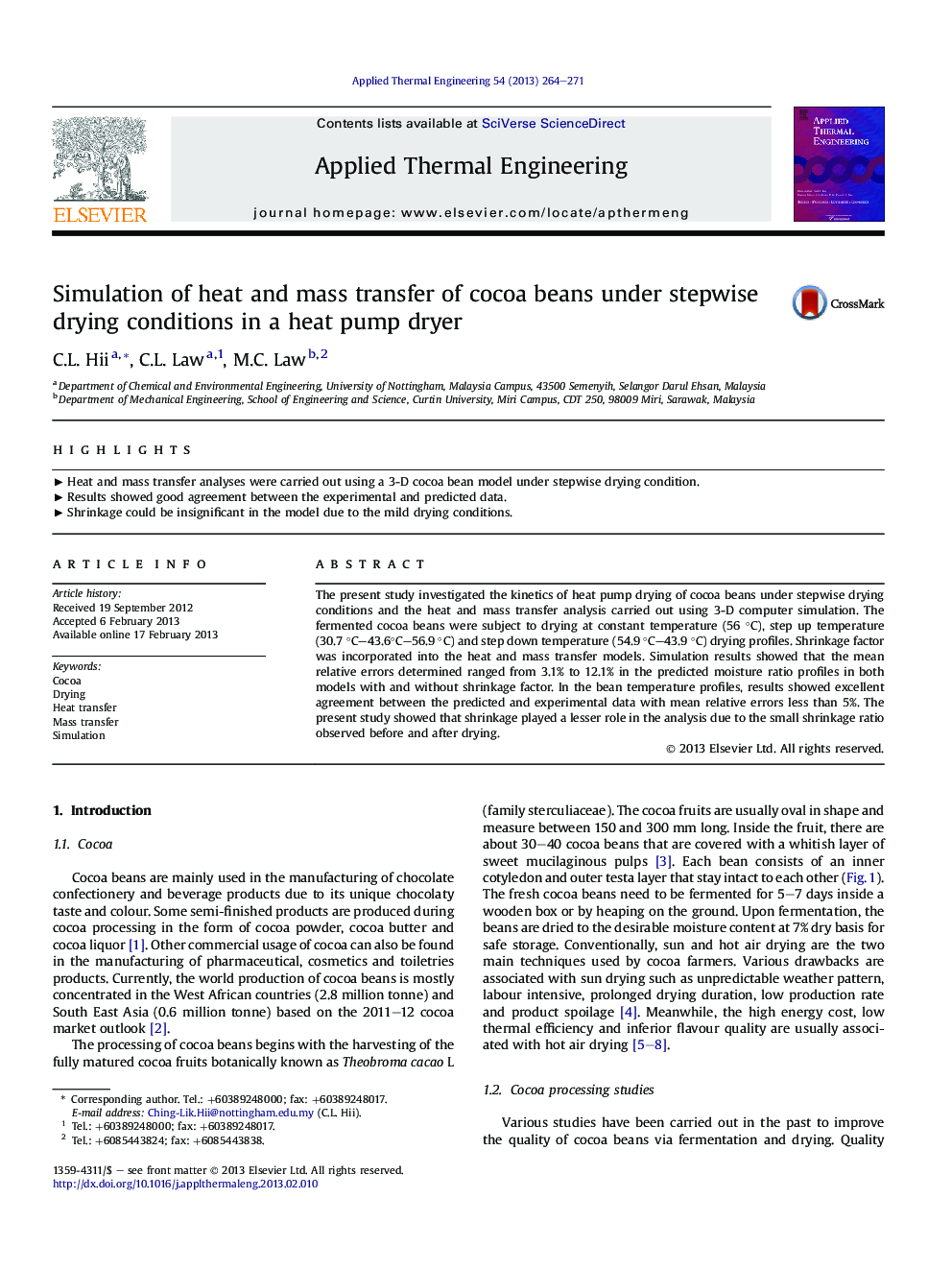 Simulation of heat and mass transfer of cocoa beans under stepwise drying conditions in a heat pump dryer