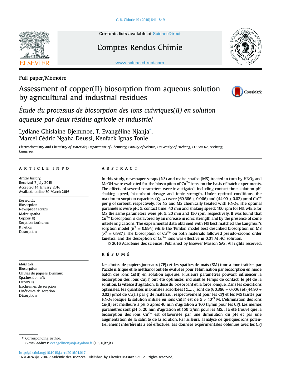 Assessment of copper(II) biosorption from aqueous solution by agricultural and industrial residues