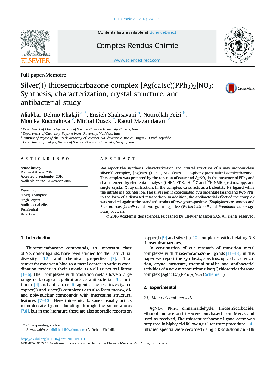 Silver(I) thiosemicarbazone complex [Ag(catsc)(PPh3)2]NO3: Synthesis, characterization, crystal structure, and antibacterial study