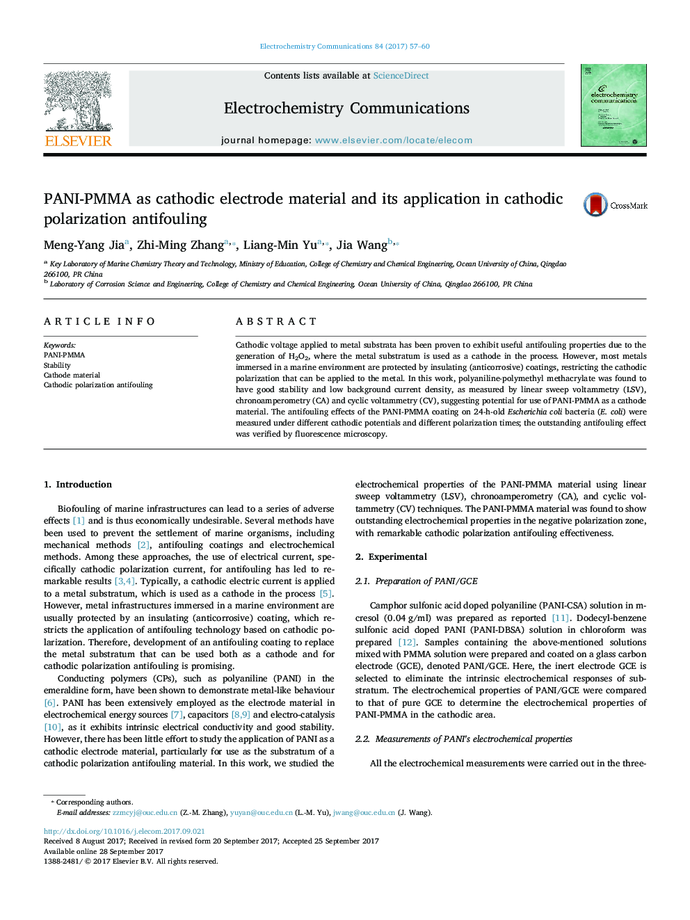 PANI-PMMA as cathodic electrode material and its application in cathodic polarization antifouling