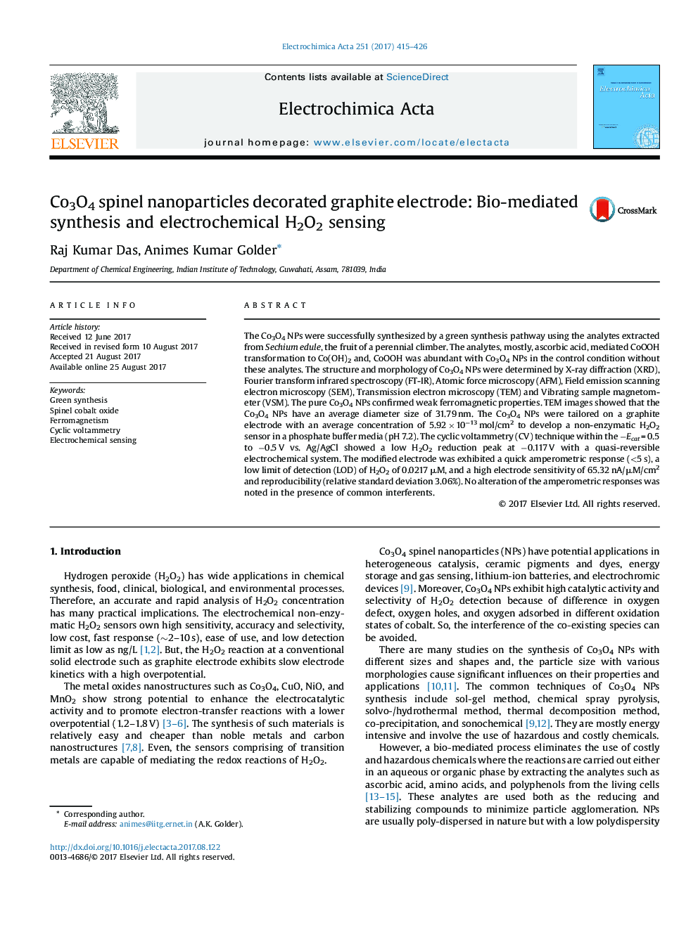 Co3O4 spinel nanoparticles decorated graphite electrode: Bio-mediated synthesis and electrochemical H2O2 sensing