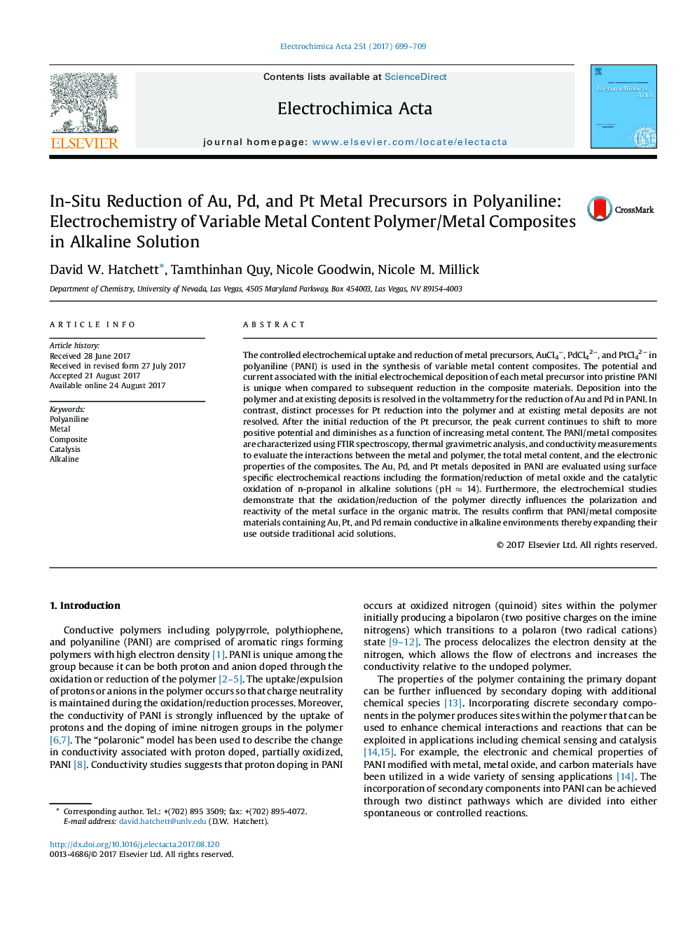 In-Situ Reduction of Au, Pd, and Pt Metal Precursors in Polyaniline: Electrochemistry of Variable Metal Content Polymer/Metal Composites in Alkaline Solution