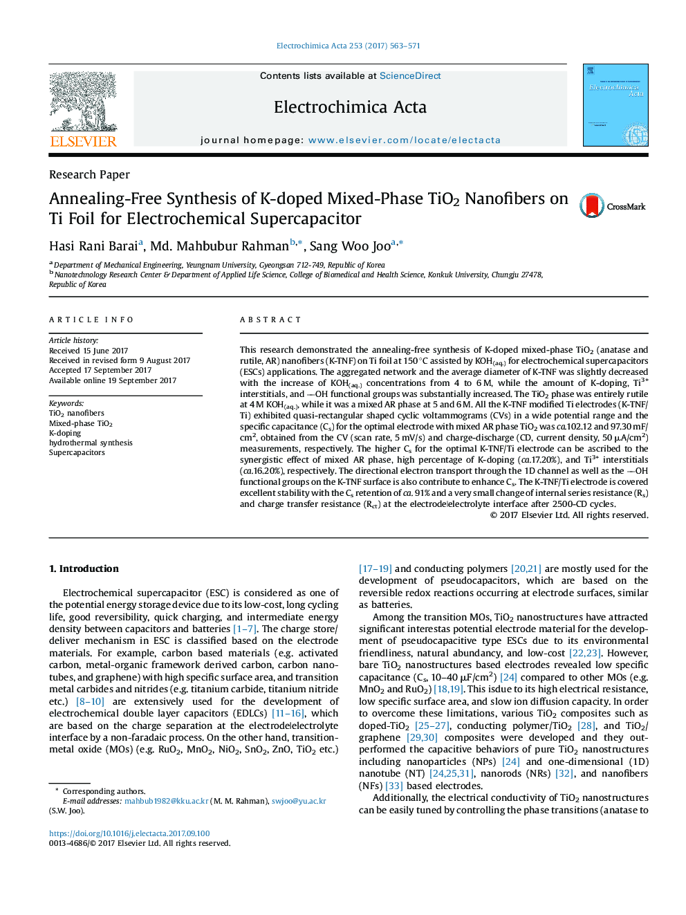 Annealing-Free Synthesis of K-doped Mixed-Phase TiO2 Nanofibers on Ti Foil for Electrochemical Supercapacitor