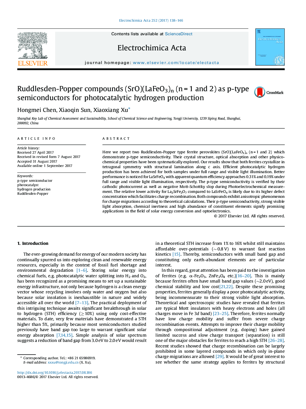 Ruddlesden-Popper compounds (SrO)(LaFeO3)n (n = 1 and 2) as p-type semiconductors for photocatalytic hydrogen production