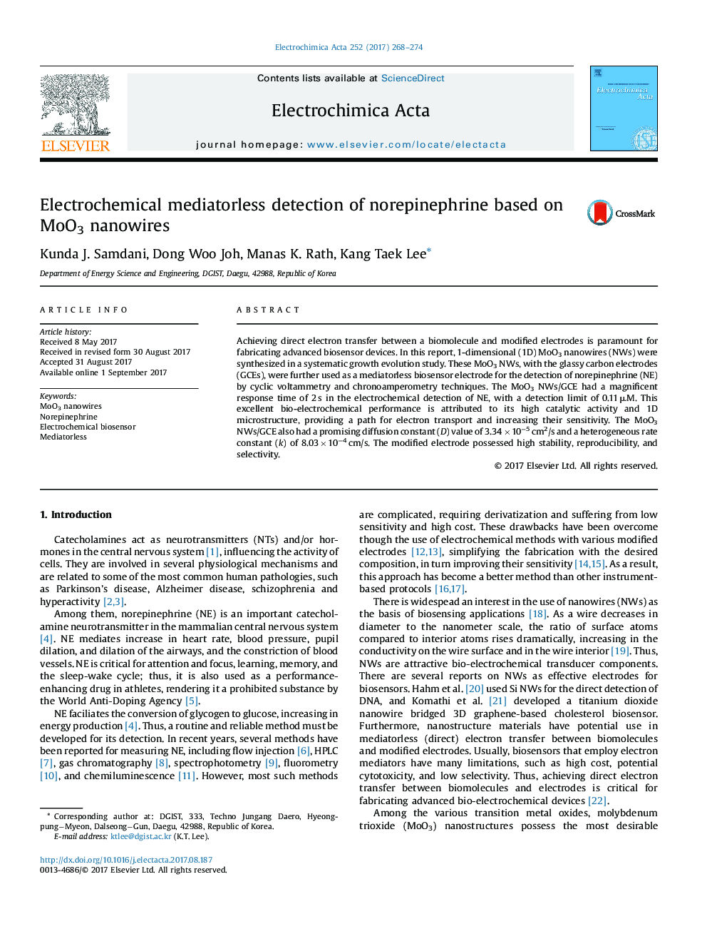 Electrochemical mediatorless detection of norepinephrine based on MoO3 nanowires