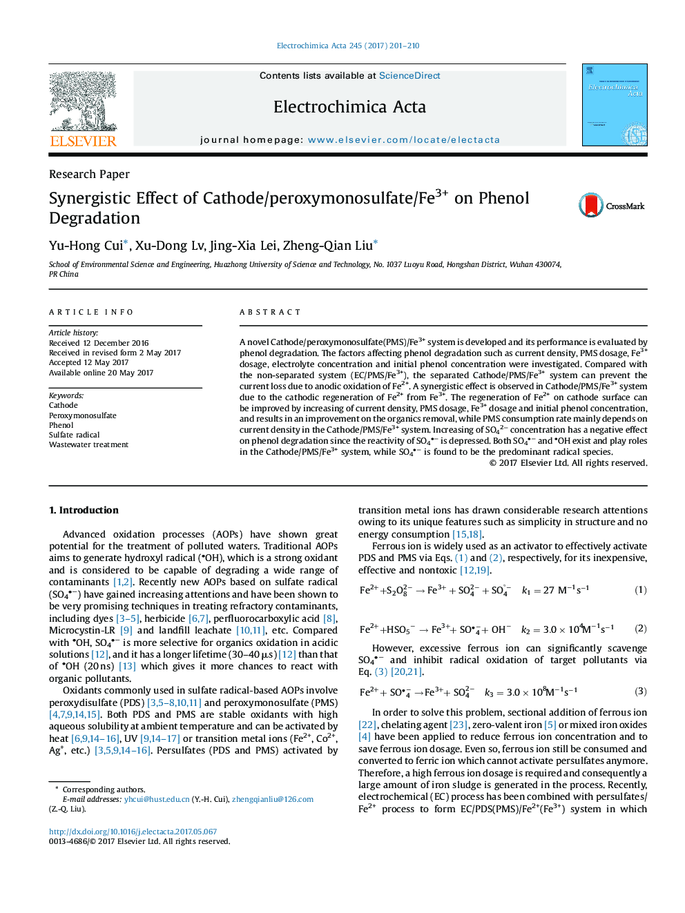 Synergistic Effect of Cathode/peroxymonosulfate/Fe3+ on Phenol Degradation