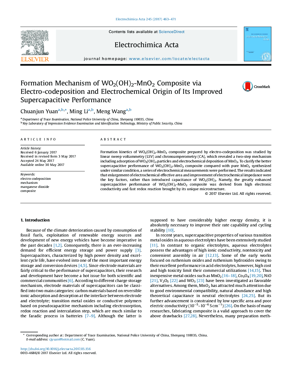 Formation Mechanism of WO2(OH)2-MnO2 Composite via Electro-codeposition and Electrochemical Origin of Its Improved Supercapacitive Performance