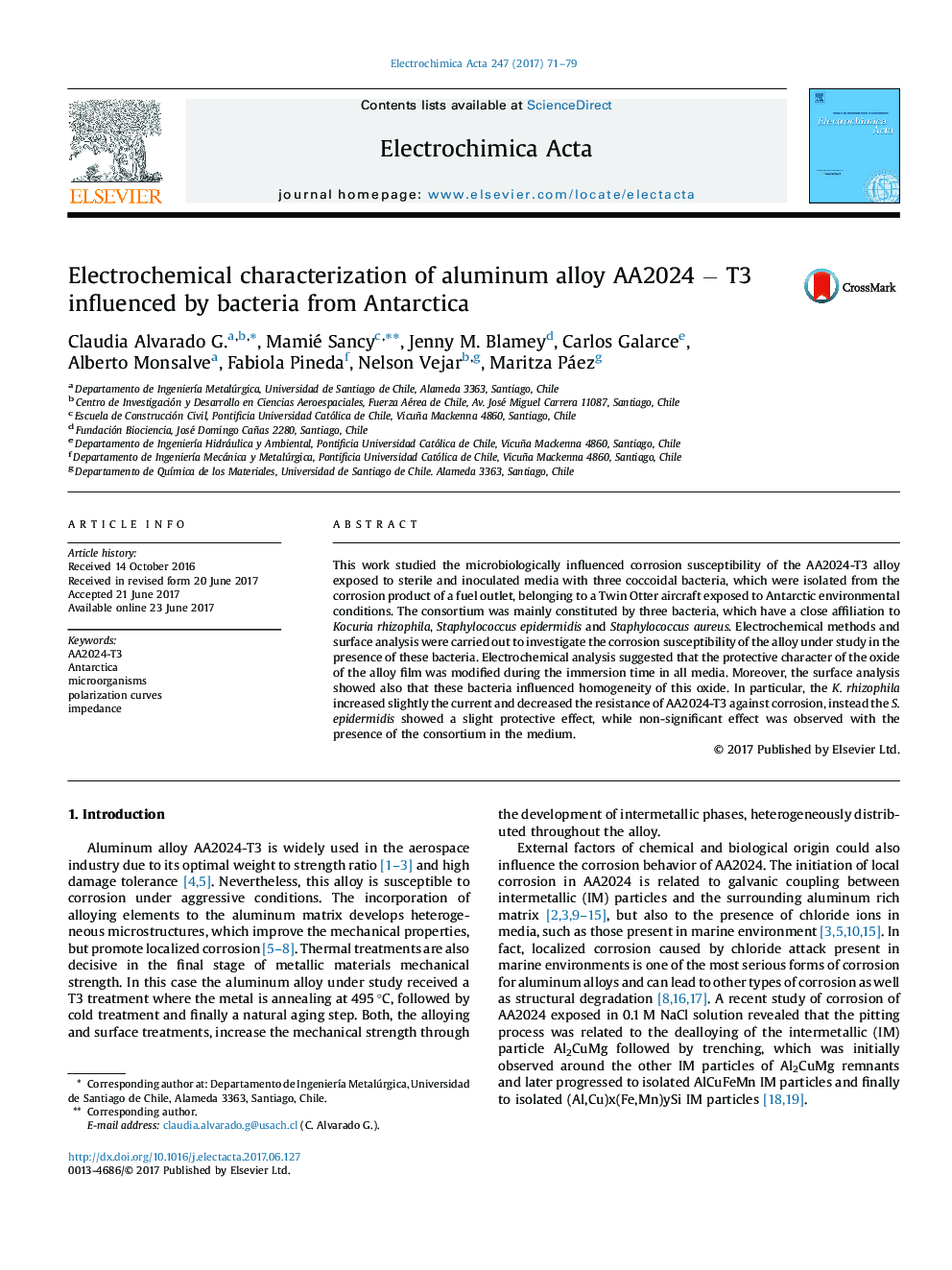 Electrochemical characterization of aluminum alloy AA2024 â T3 influenced by bacteria from Antarctica