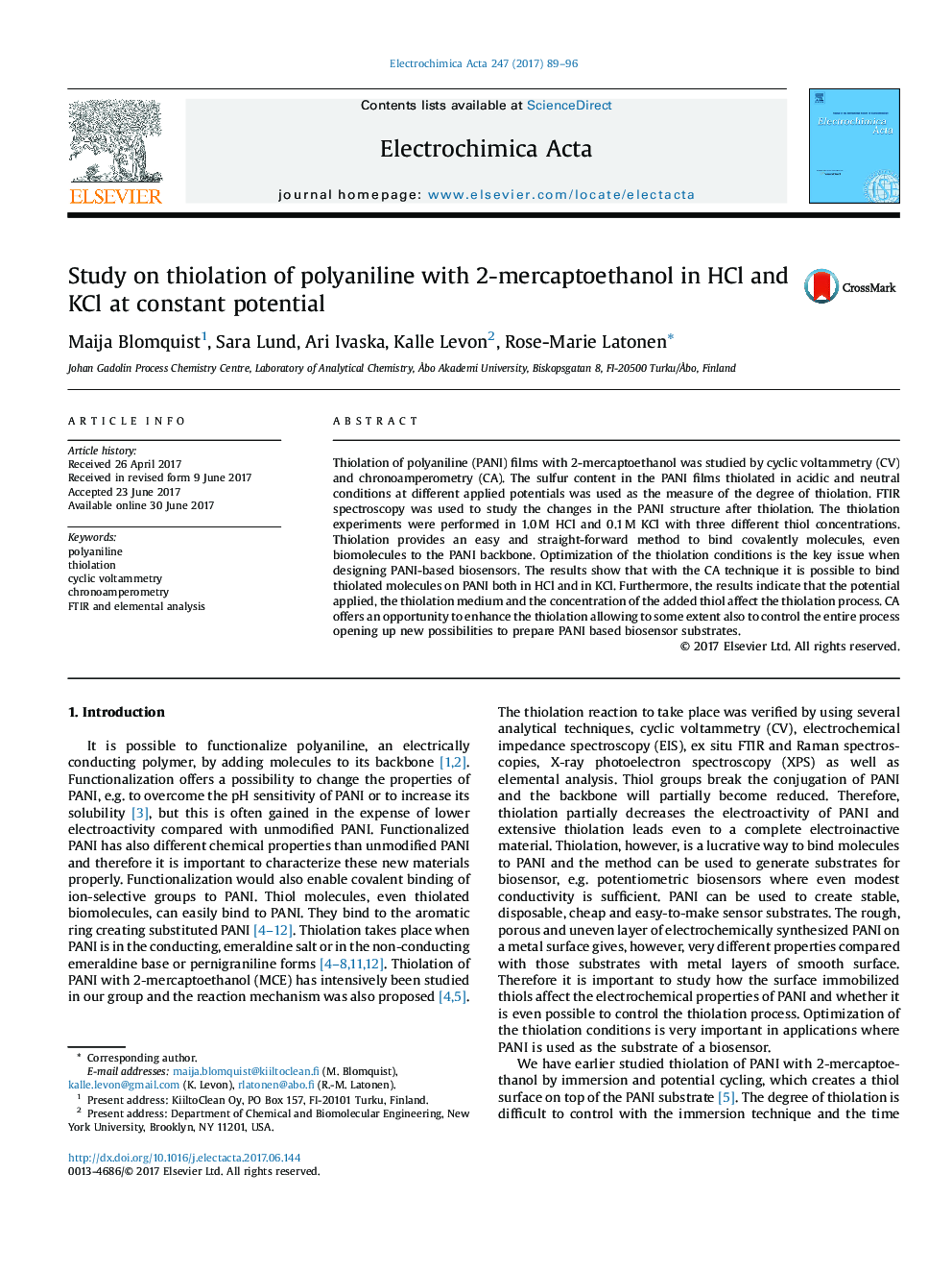 Study on thiolation of polyaniline with 2-mercaptoethanol in HCl and KCl at constant potential