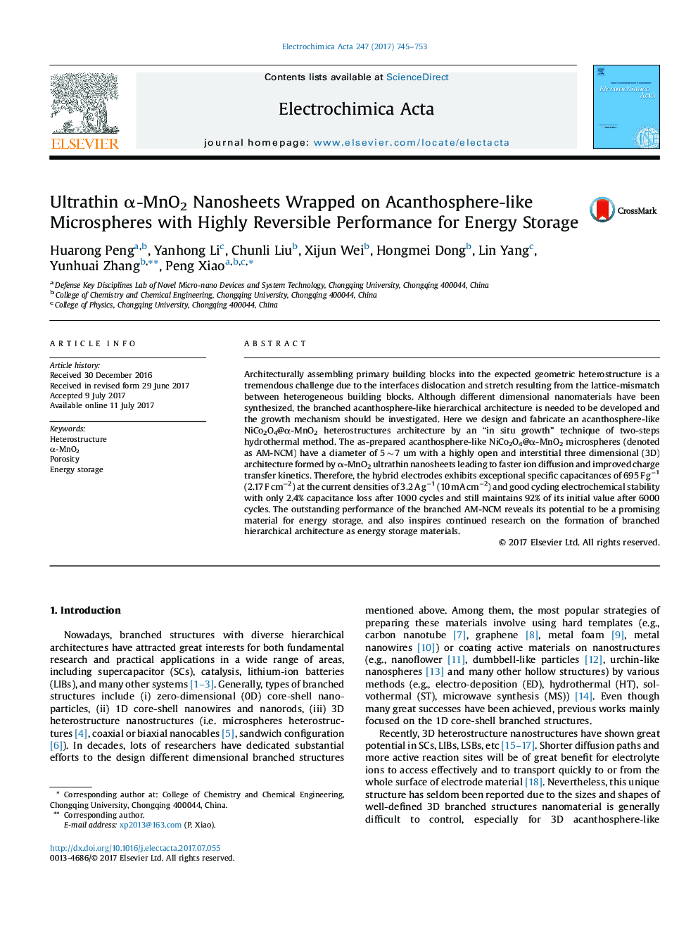 Ultrathin Î±-MnO2 Nanosheets Wrapped on Acanthosphere-like Microspheres with Highly Reversible Performance for Energy Storage