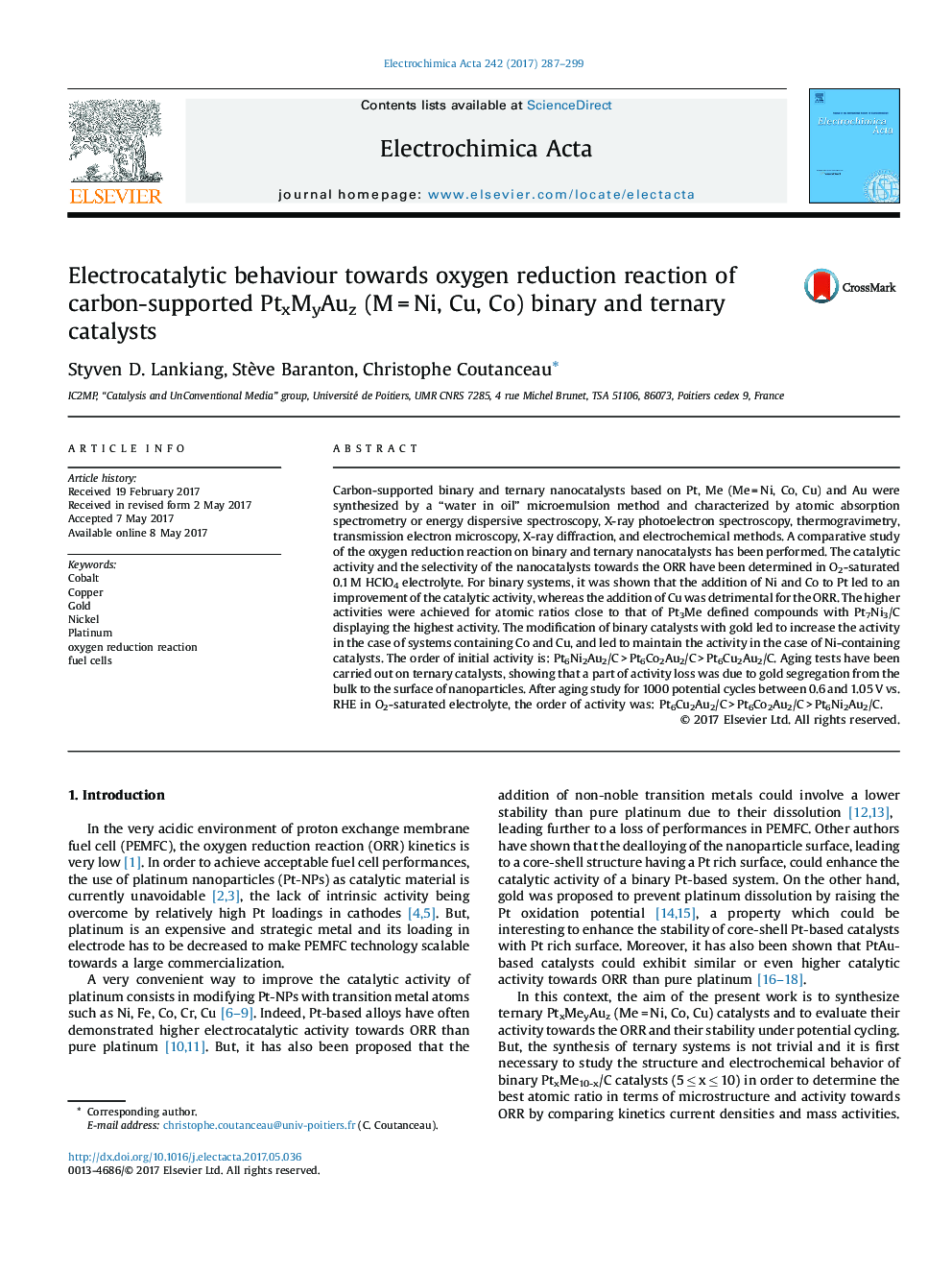 Electrocatalytic behaviour towards oxygen reduction reaction of carbon-supported PtxMyAuz (M = Ni, Cu, Co) binary and ternary catalysts