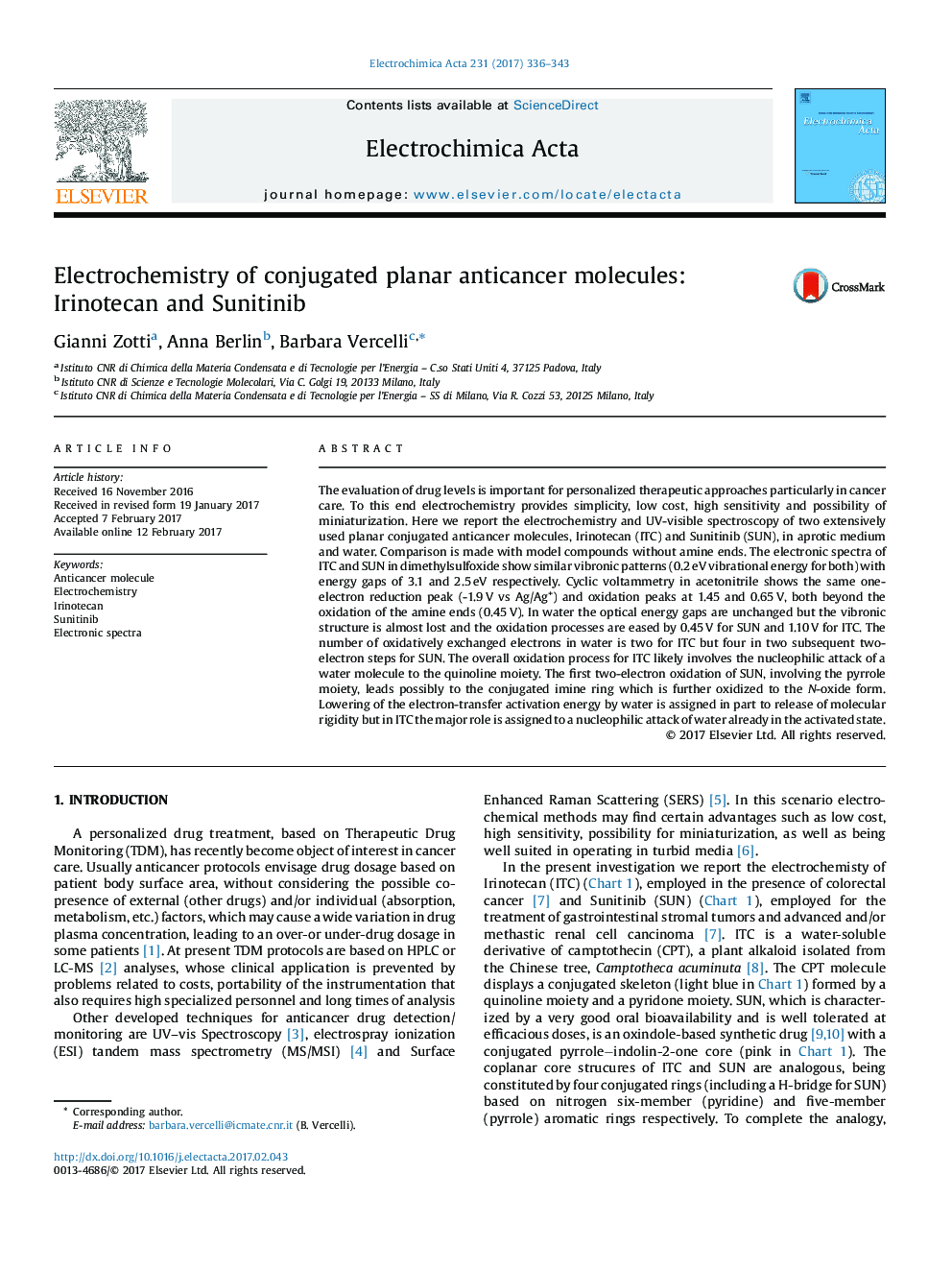 Electrochemistry of conjugated planar anticancer molecules: Irinotecan and Sunitinib