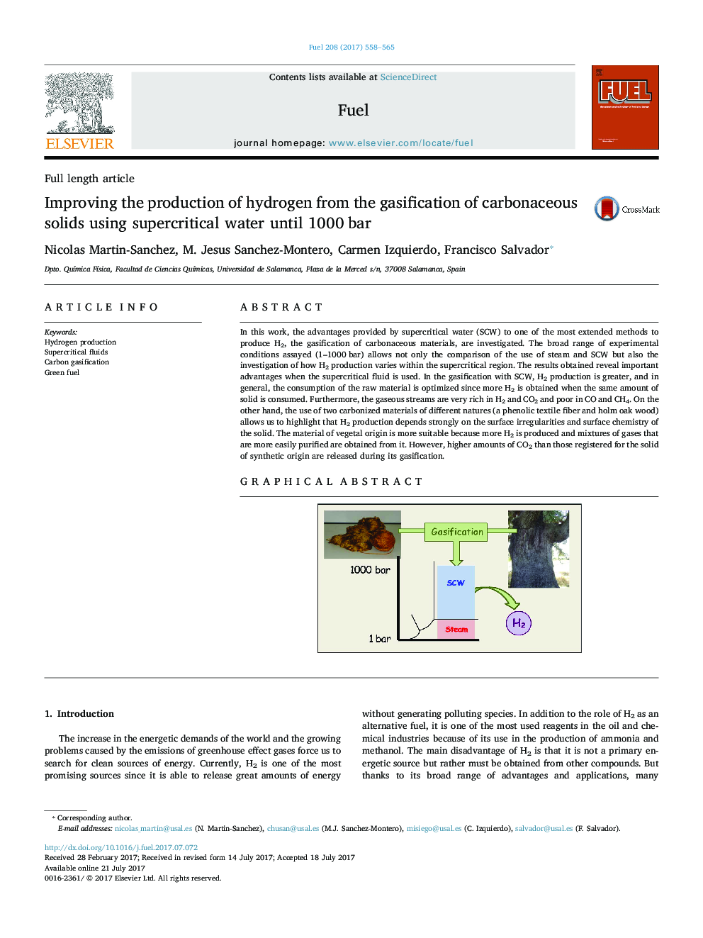 Improving the production of hydrogen from the gasification of carbonaceous solids using supercritical water until 1000 bar