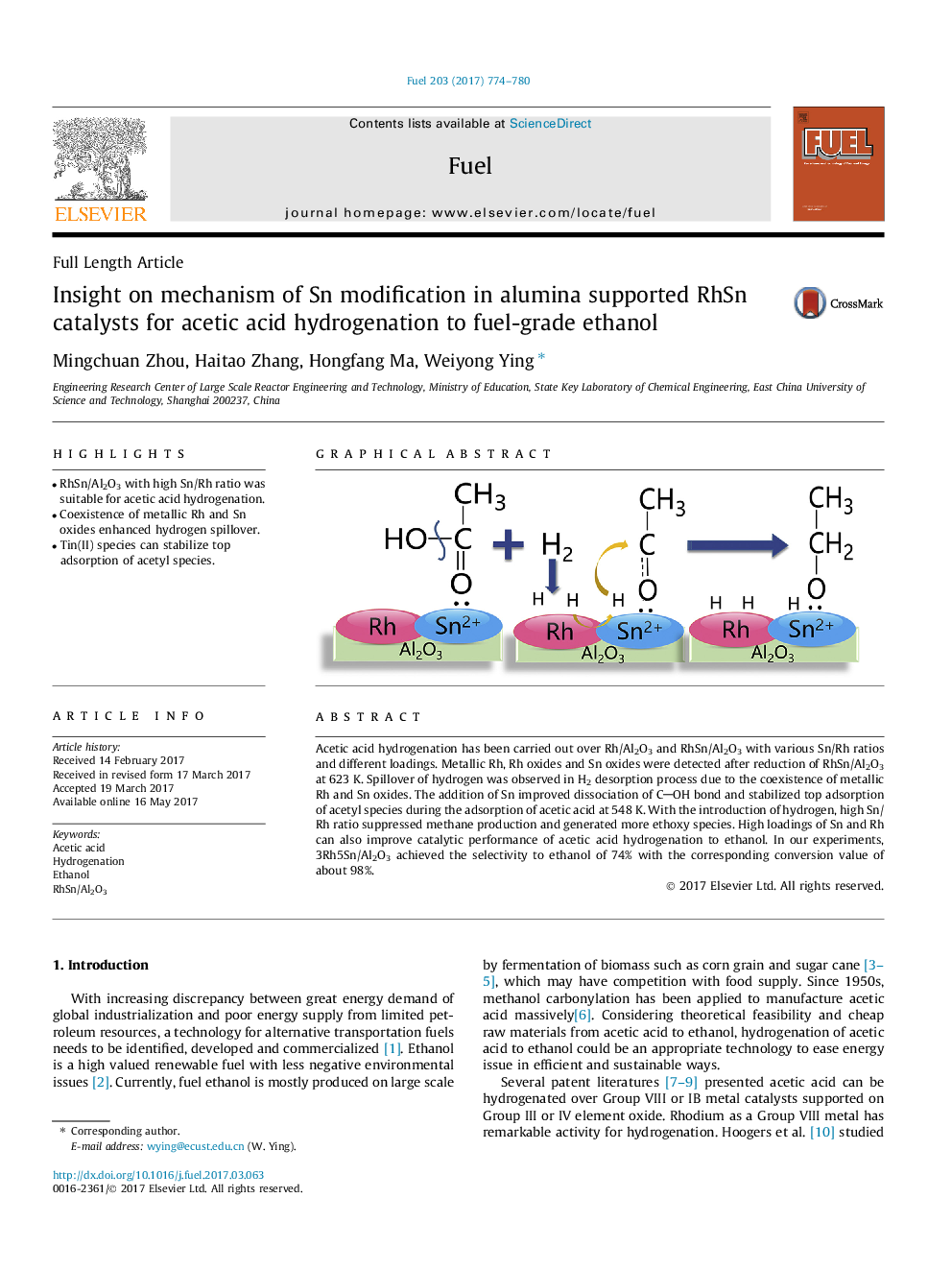 Insight on mechanism of Sn modification in alumina supported RhSn catalysts for acetic acid hydrogenation to fuel-grade ethanol