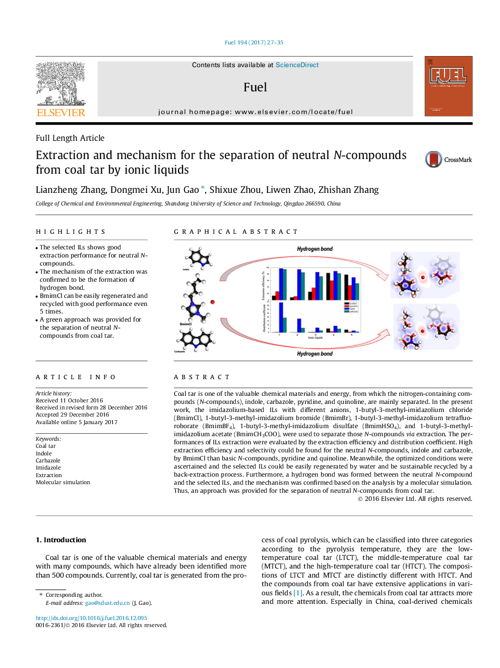 Extraction and mechanism for the separation of neutral N-compounds from coal tar by ionic liquids