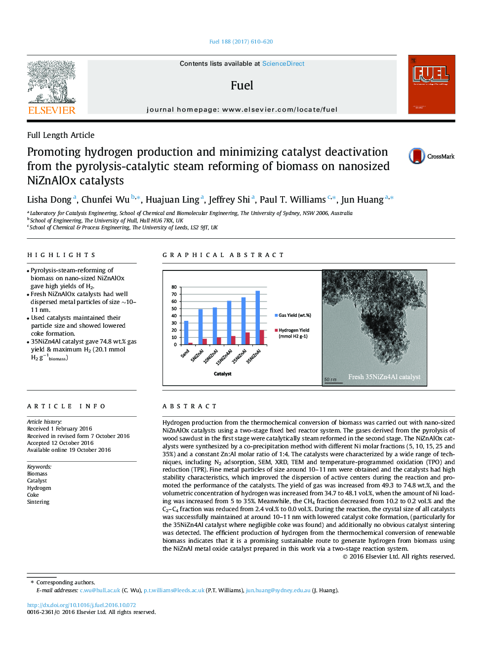 Promoting hydrogen production and minimizing catalyst deactivation from the pyrolysis-catalytic steam reforming of biomass on nanosized NiZnAlOx catalysts