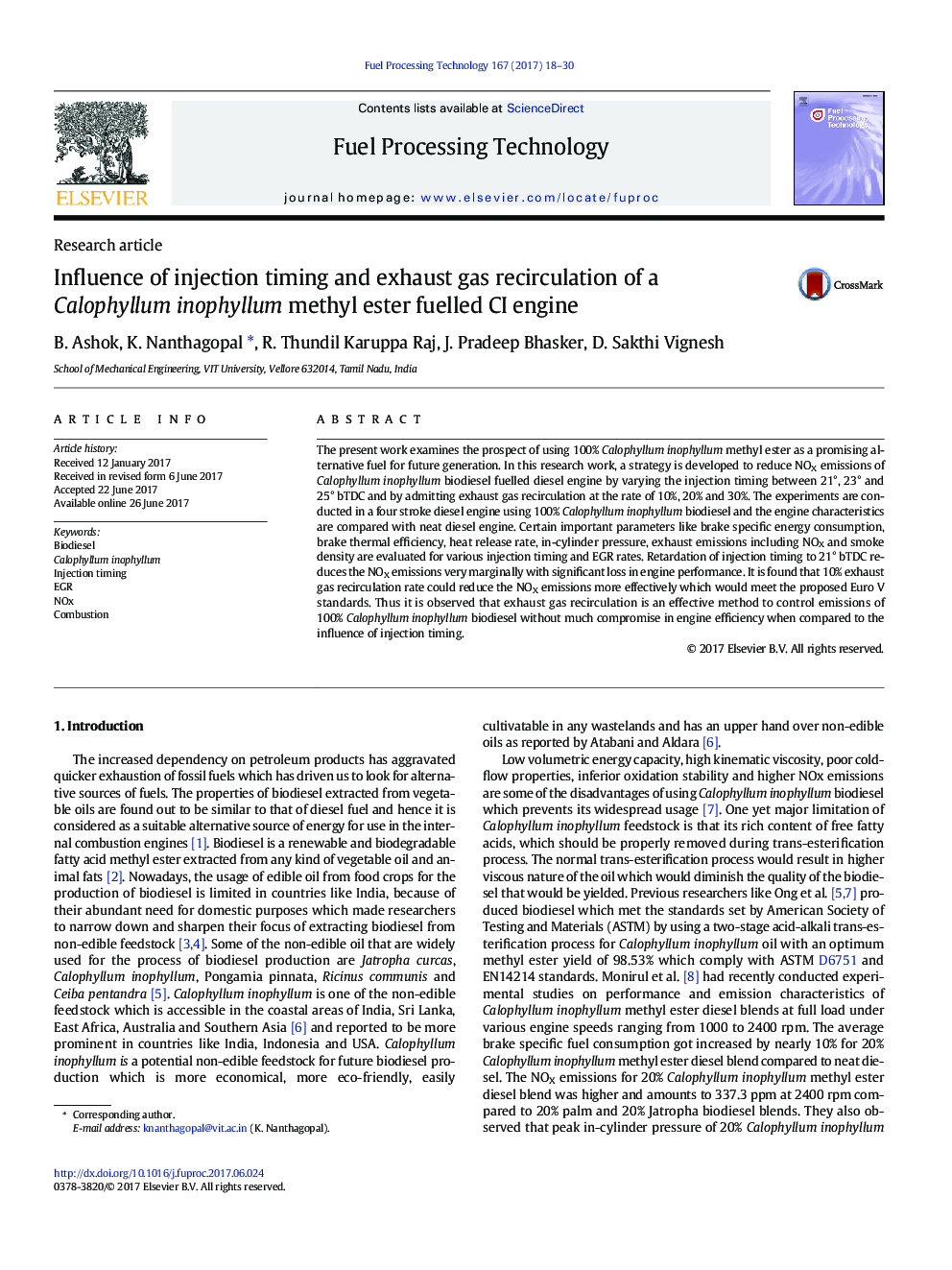 Influence of injection timing and exhaust gas recirculation of a Calophyllum inophyllum methyl ester fuelled CI engine