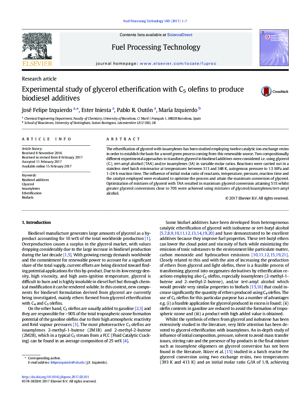 Experimental study of glycerol etherification with C5 olefins to produce biodiesel additives