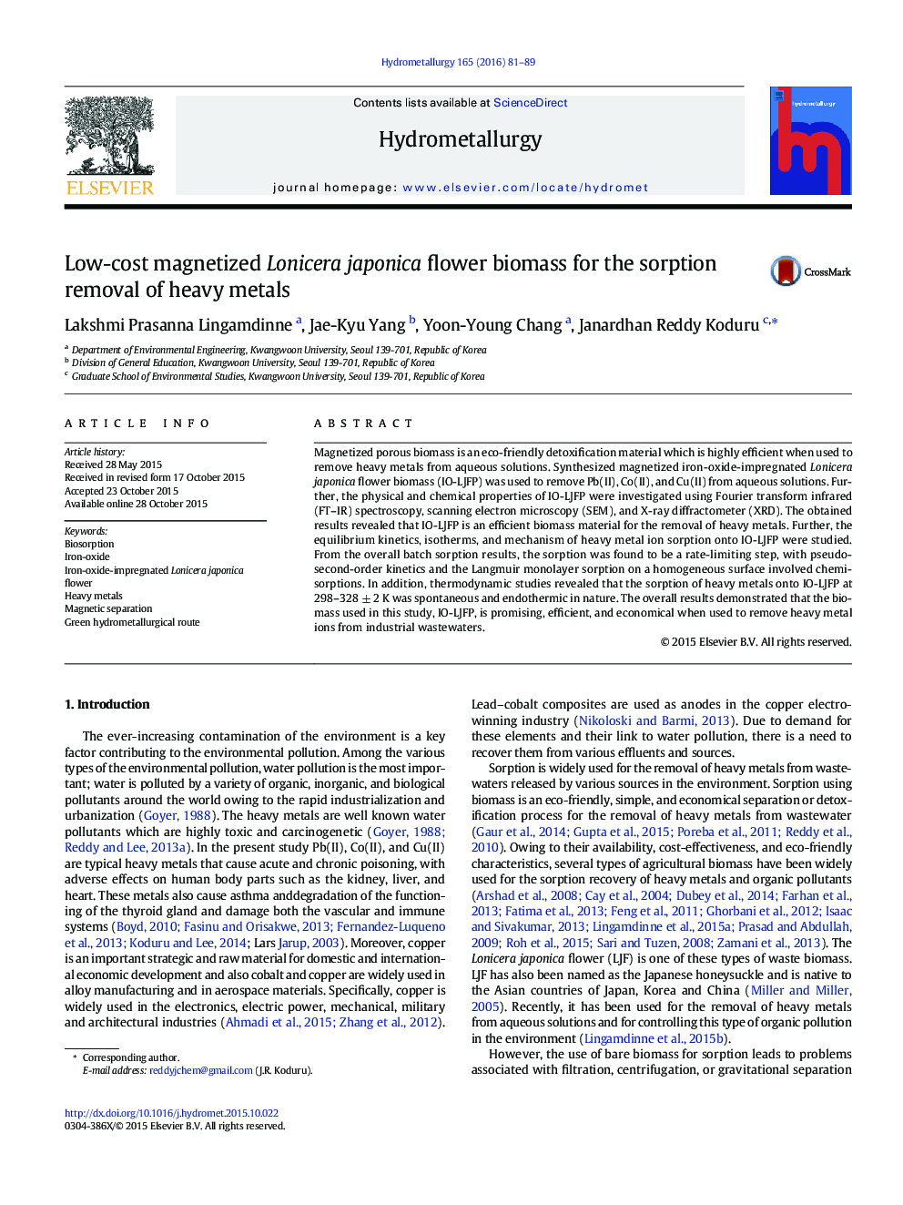 Low-cost magnetized Lonicera japonica flower biomass for the sorption removal of heavy metals