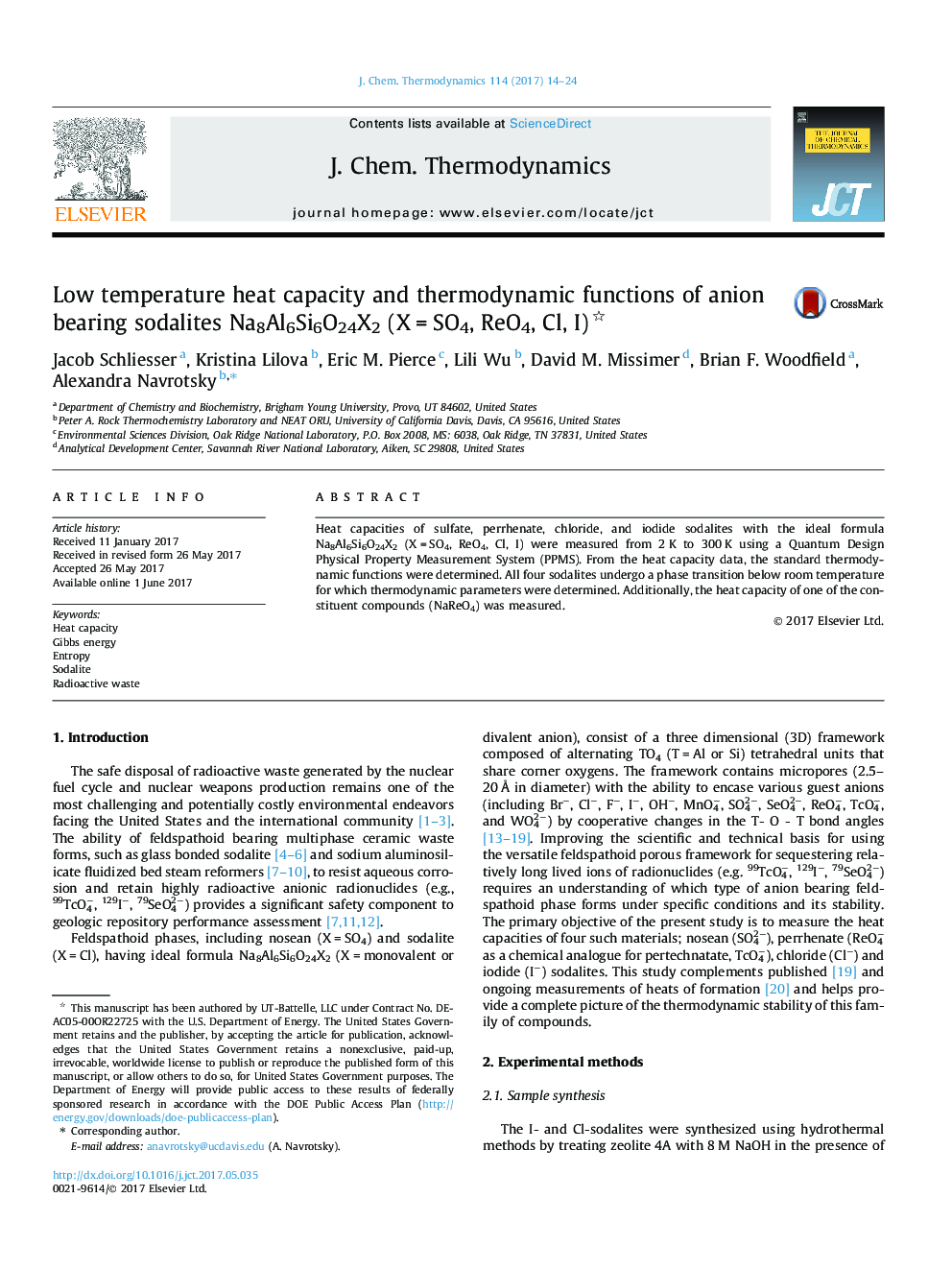 Low temperature heat capacity and thermodynamic functions of anion bearing sodalites Na8Al6Si6O24X2 (X = SO4, ReO4, Cl, I)