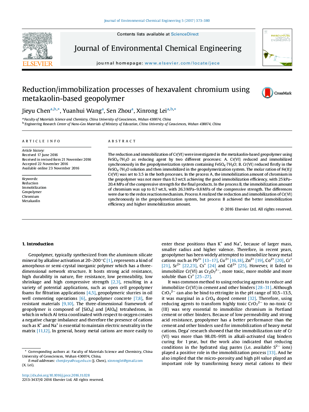 Reduction/immobilization processes of hexavalent chromium using metakaolin-based geopolymer