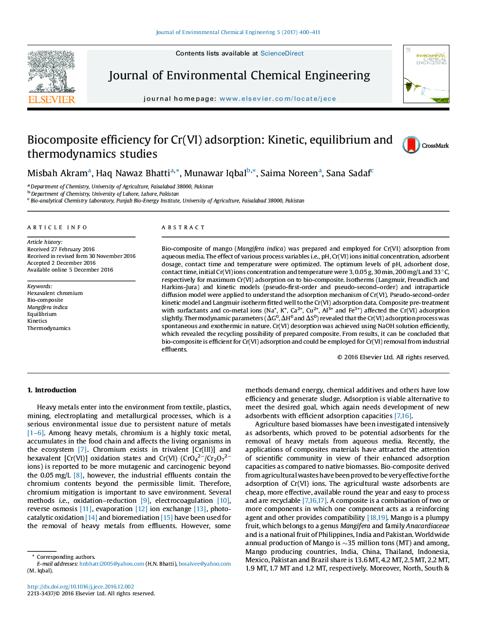 Biocomposite efficiency for Cr(VI) adsorption: Kinetic, equilibrium and thermodynamics studies