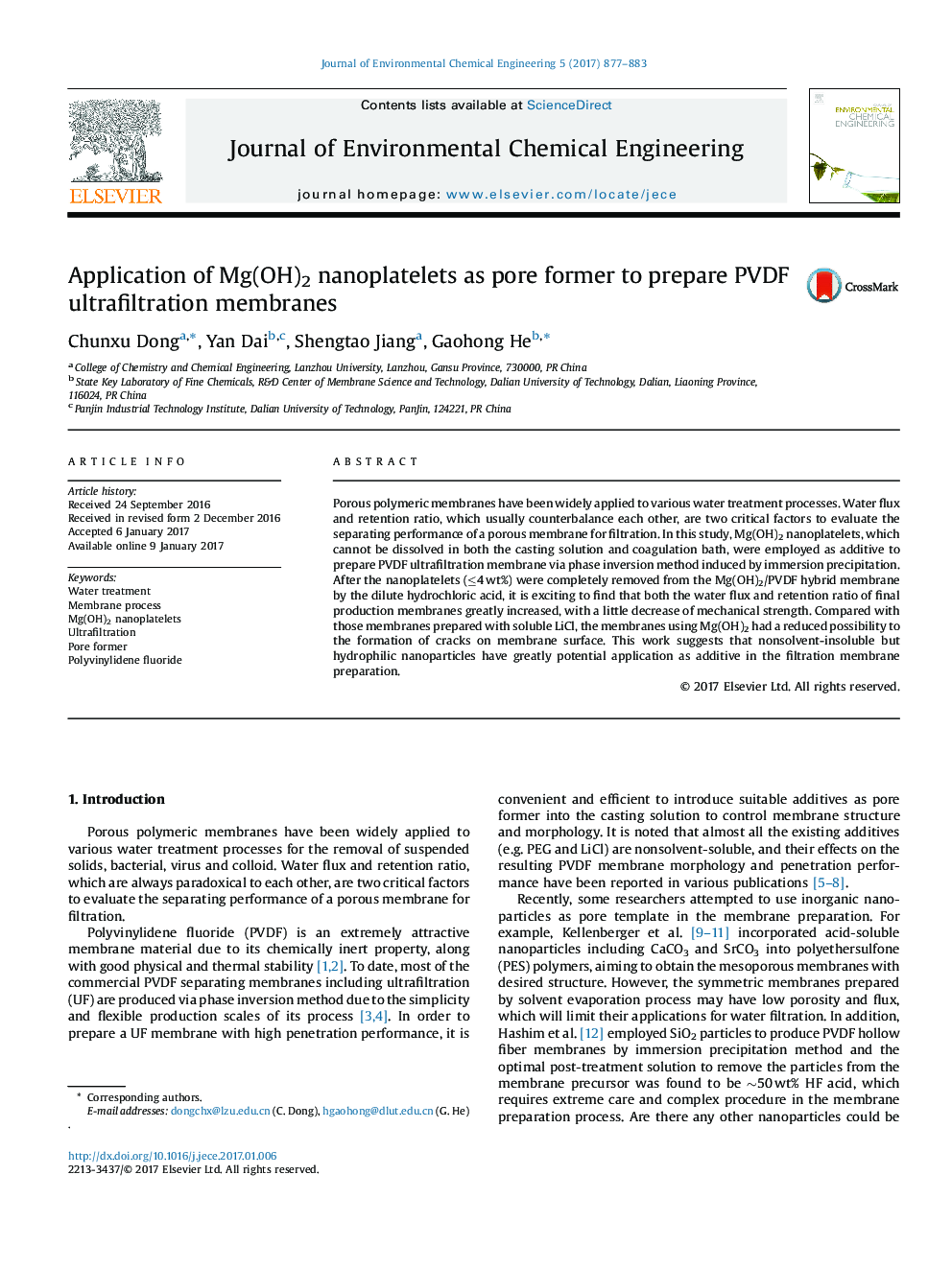 Application of Mg(OH)2 nanoplatelets as pore former to prepare PVDF ultrafiltration membranes