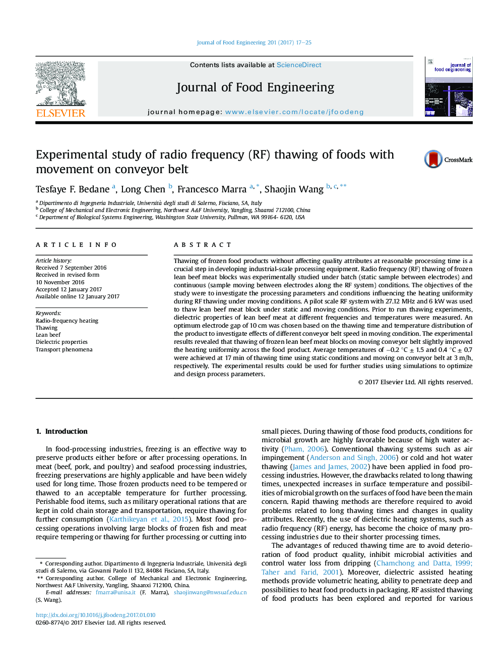 Experimental study of radio frequency (RF) thawing of foods with movement on conveyor belt