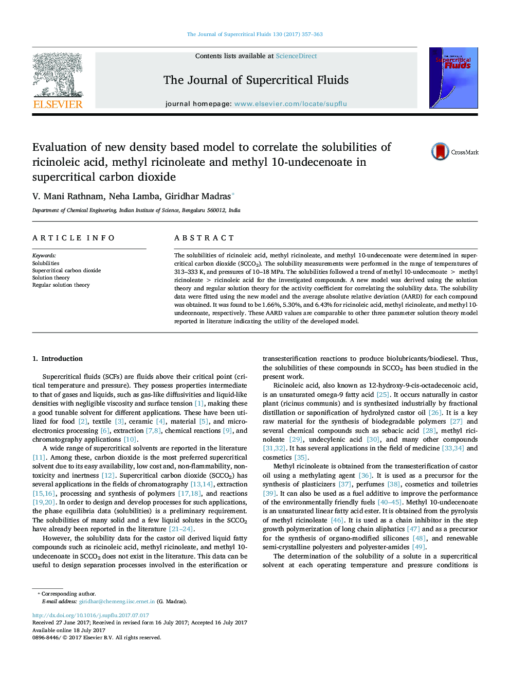 Evaluation of new density based model to correlate the solubilities of ricinoleic acid, methyl ricinoleate and methyl 10-undecenoate in supercritical carbon dioxide