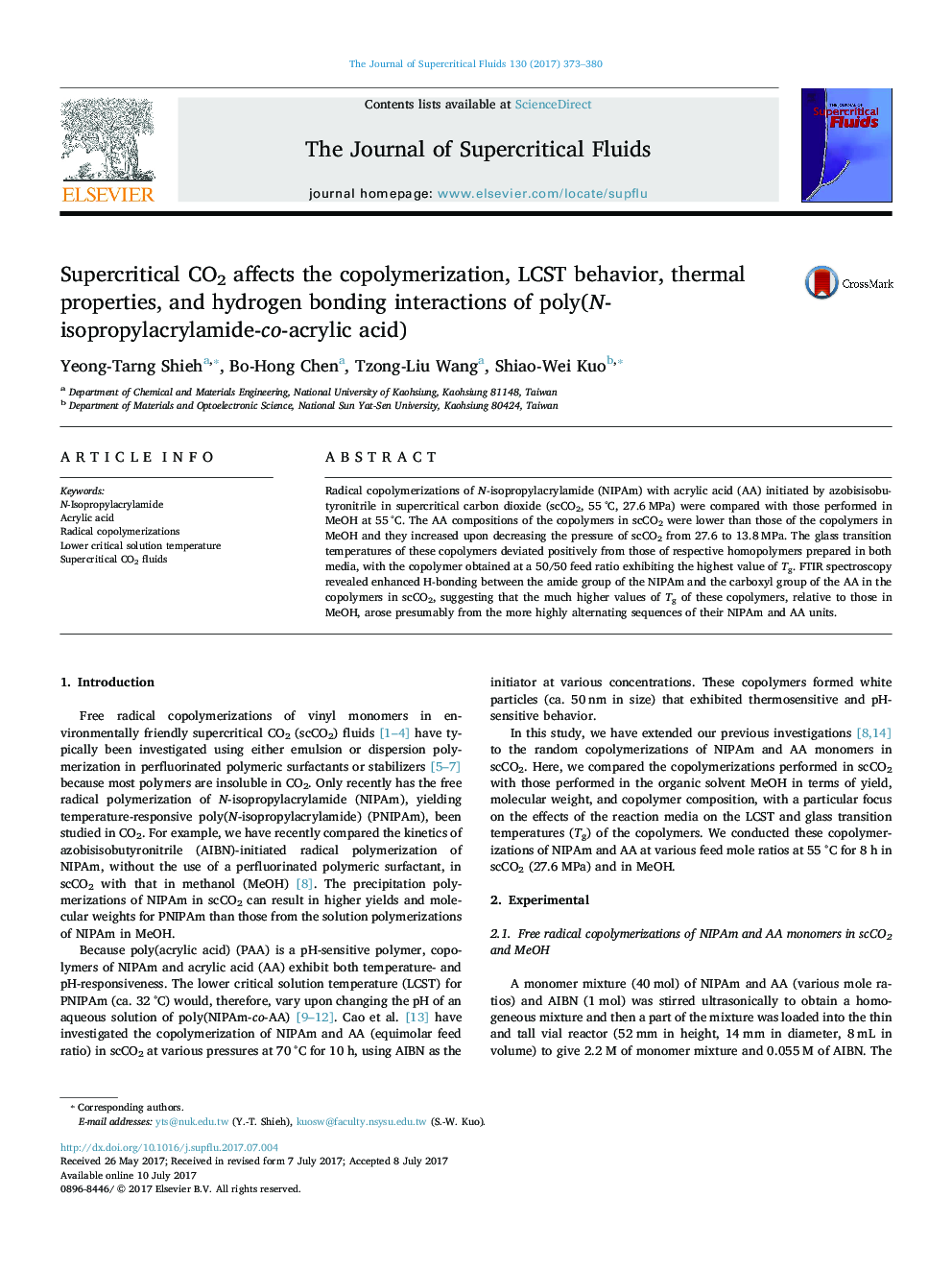 Supercritical CO2 affects the copolymerization, LCST behavior, thermal properties, and hydrogen bonding interactions of poly(N-isopropylacrylamide-co-acrylic acid)