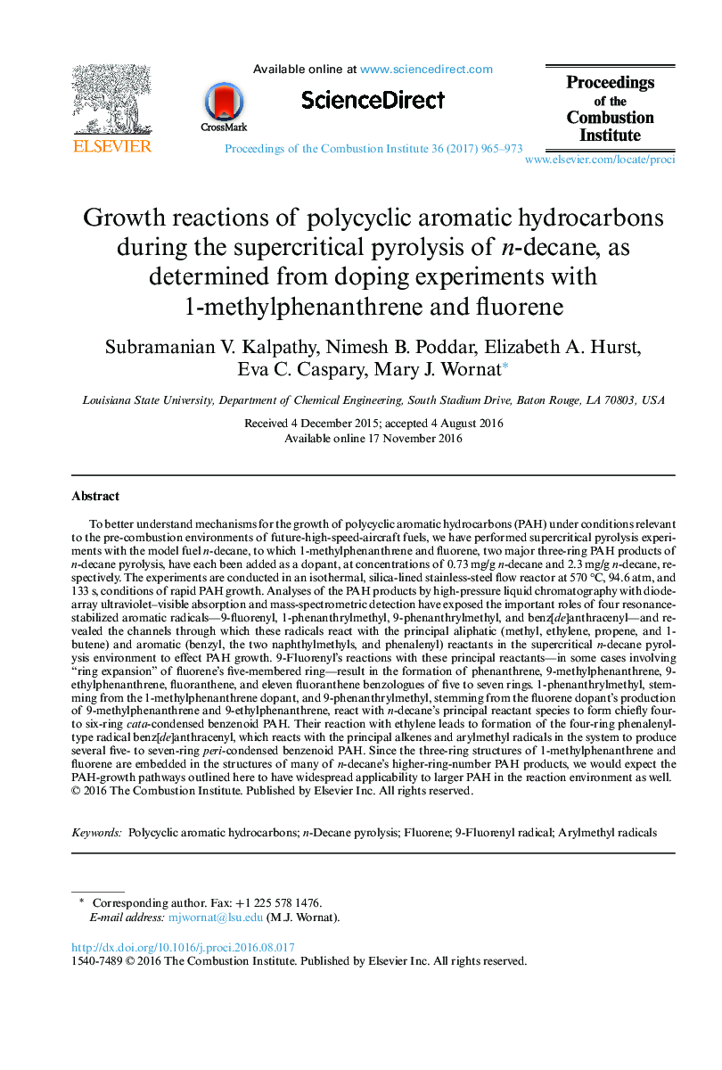 Growth reactions of polycyclic aromatic hydrocarbons during the supercritical pyrolysis of n-decane, as determined from doping experiments with 1-methylphenanthrene and fluorene