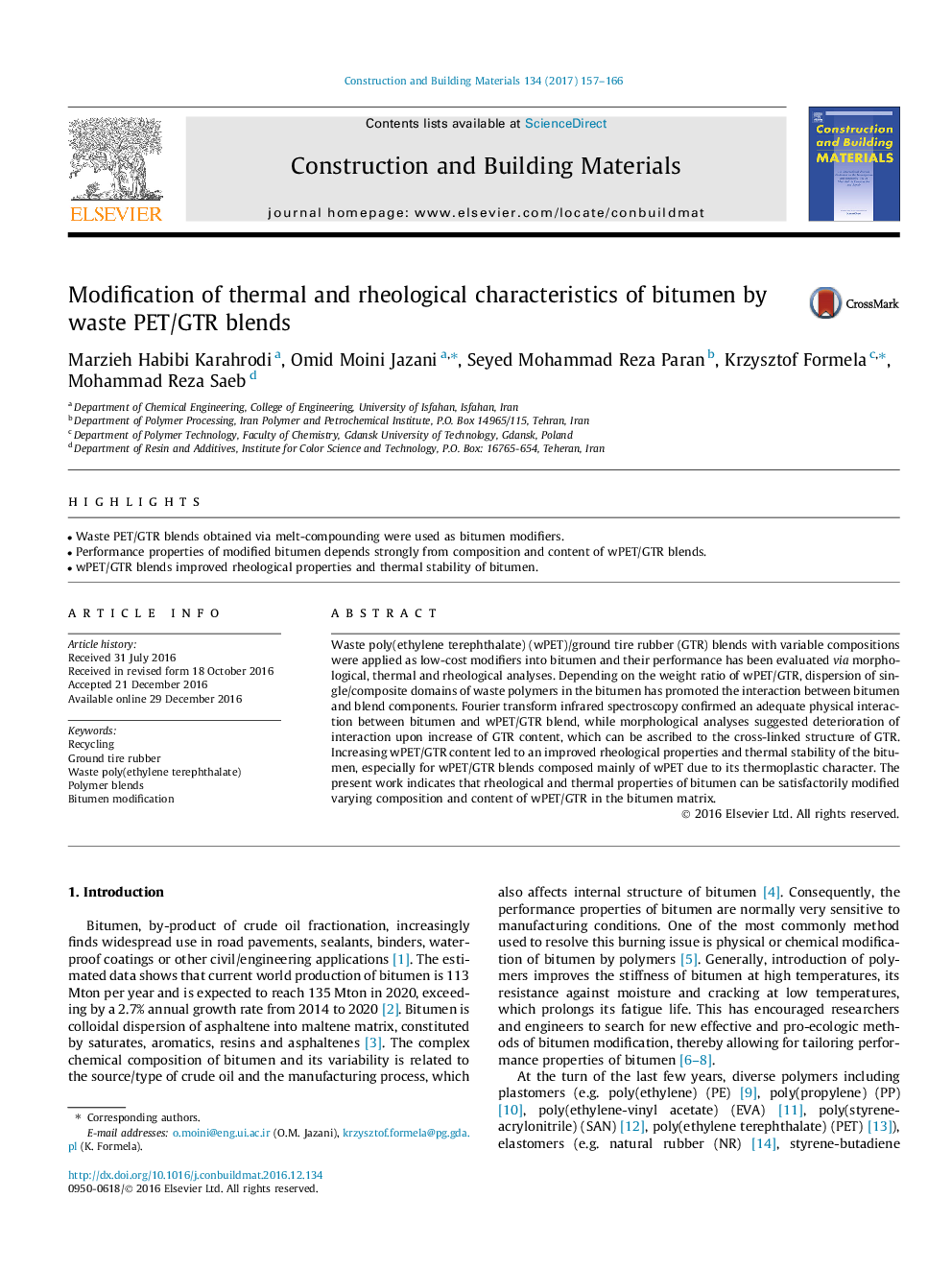 Modification of thermal and rheological characteristics of bitumen by waste PET/GTR blends