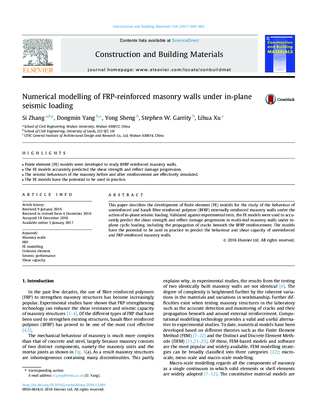 Numerical modelling of FRP-reinforced masonry walls under in-plane seismic loading