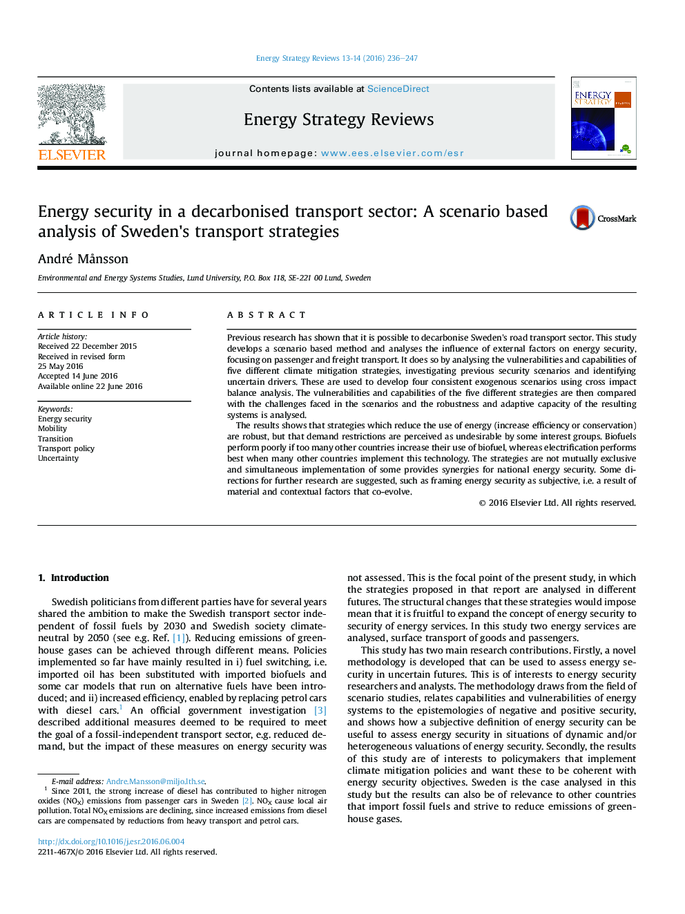 امنیت انرژی در یک بخش حمل و نقل گاز دی اکسید کربن: تجزیه و تحلیل مبتنی بر سناریوی استراتژی های حمل و نقل سوئد