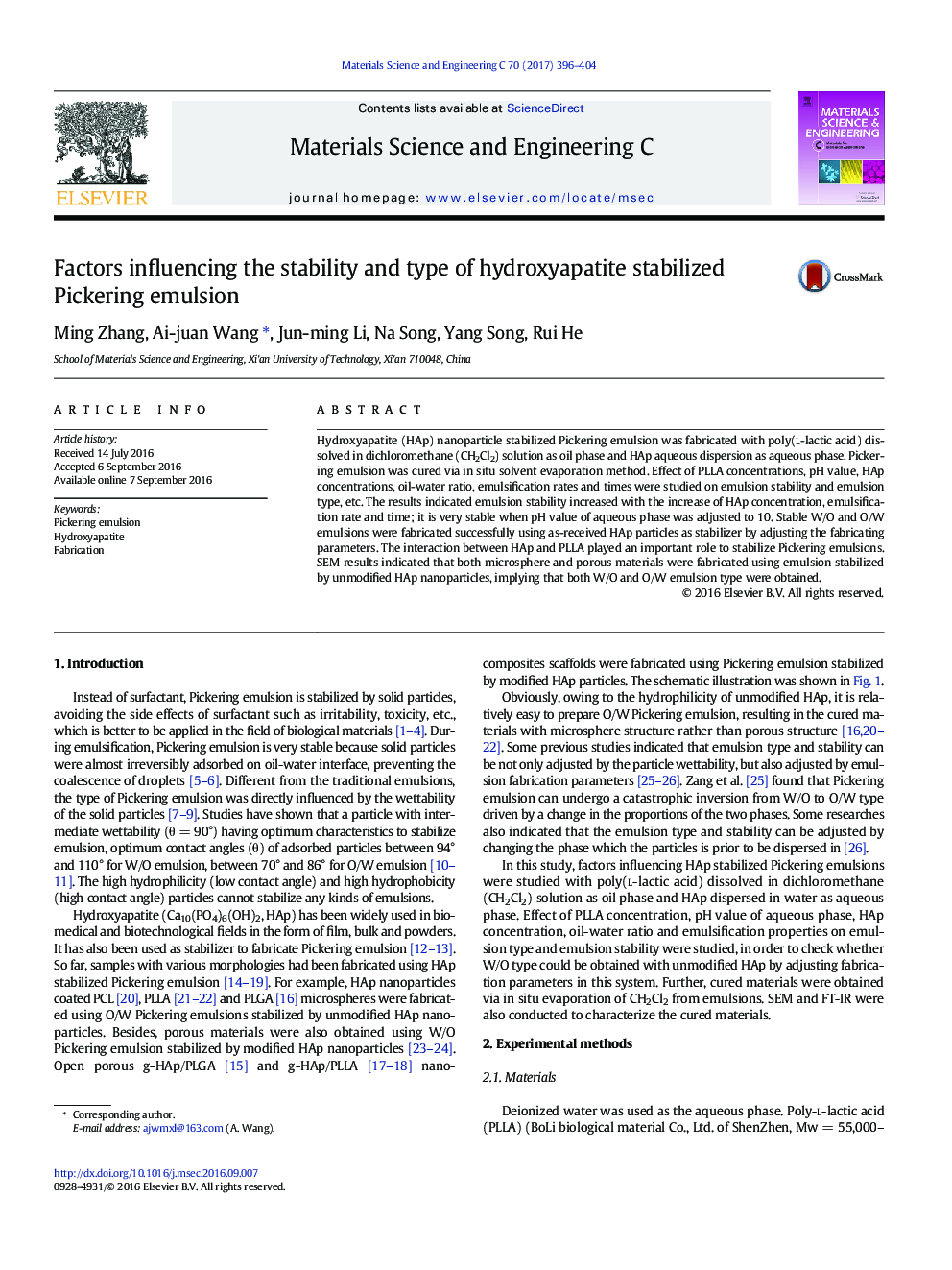 Factors influencing the stability and type of hydroxyapatite stabilized Pickering emulsion