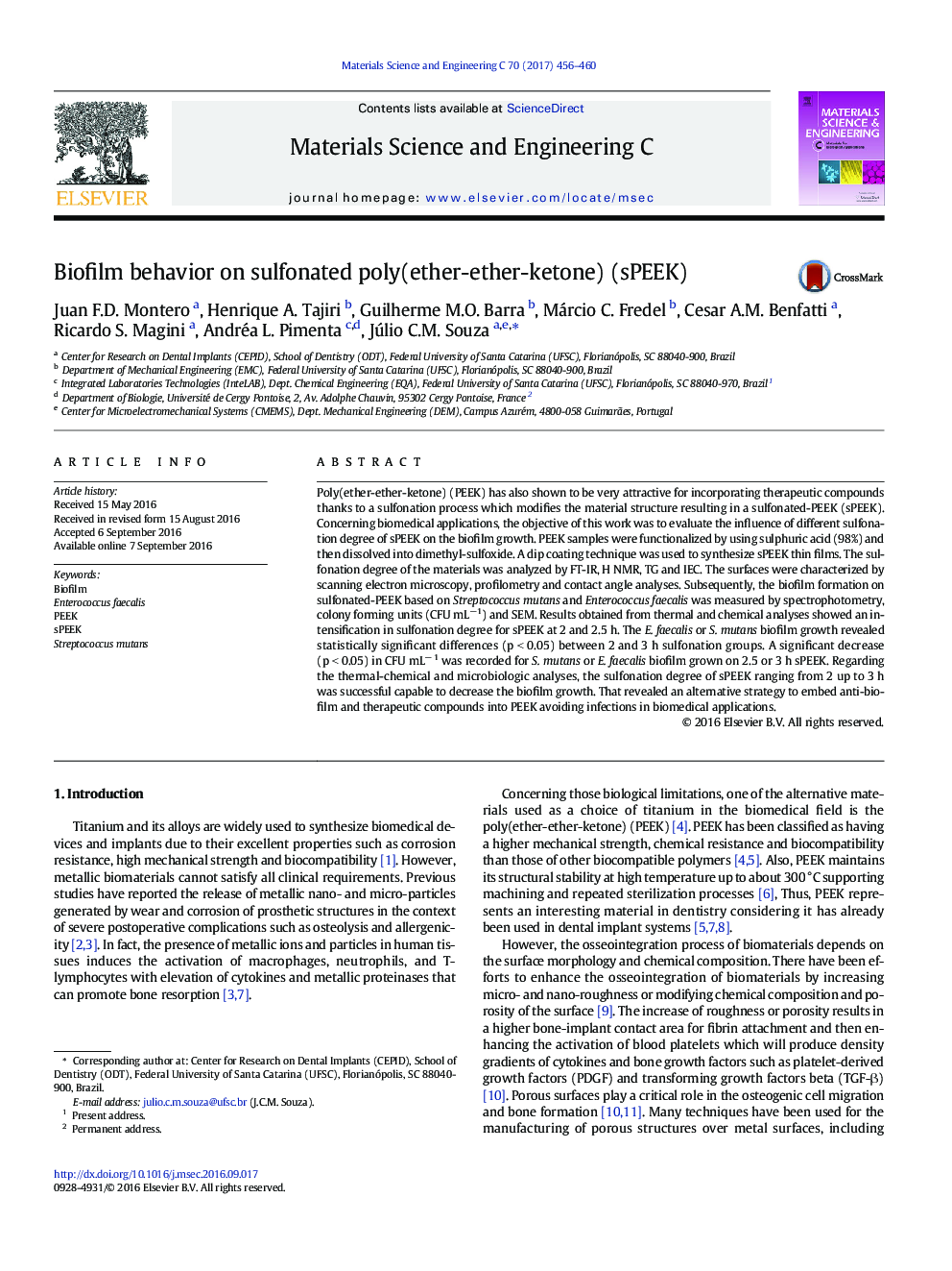 Biofilm behavior on sulfonated poly(ether-ether-ketone) (sPEEK)