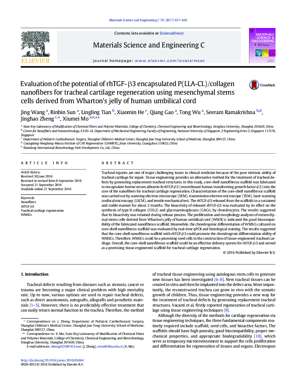 Evaluation of the potential of rhTGF- Î²3 encapsulated P(LLA-CL)/collagen nanofibers for tracheal cartilage regeneration using mesenchymal stems cells derived from Wharton's jelly of human umbilical cord