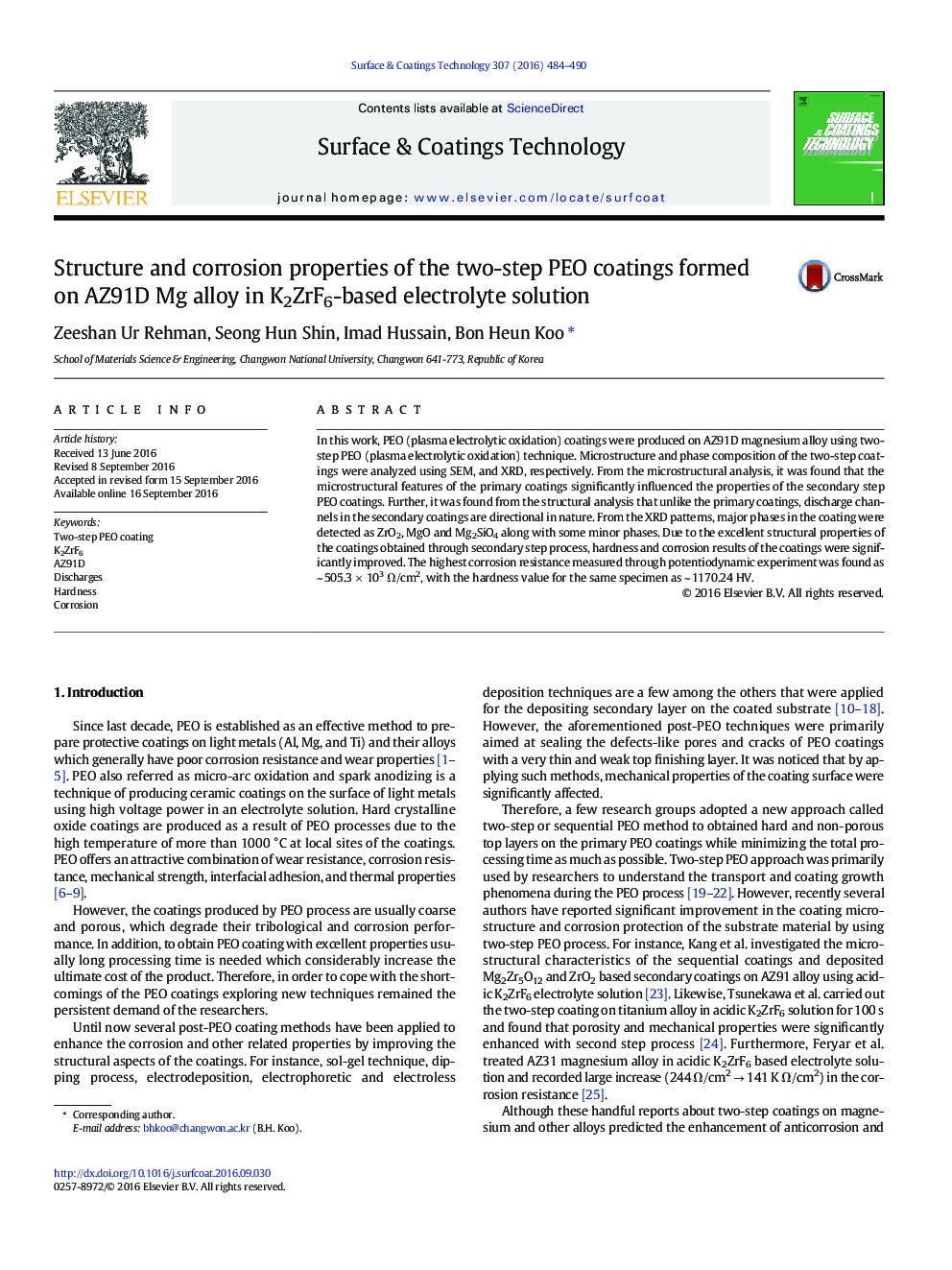 Structure and corrosion properties of the two-step PEO coatings formed on AZ91D Mg alloy in K2ZrF6-based electrolyte solution