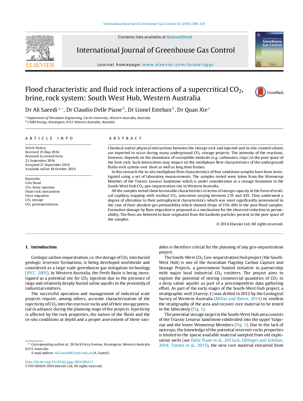 Flood characteristic and fluid rock interactions of a supercritical CO2, brine, rock system: South West Hub, Western Australia