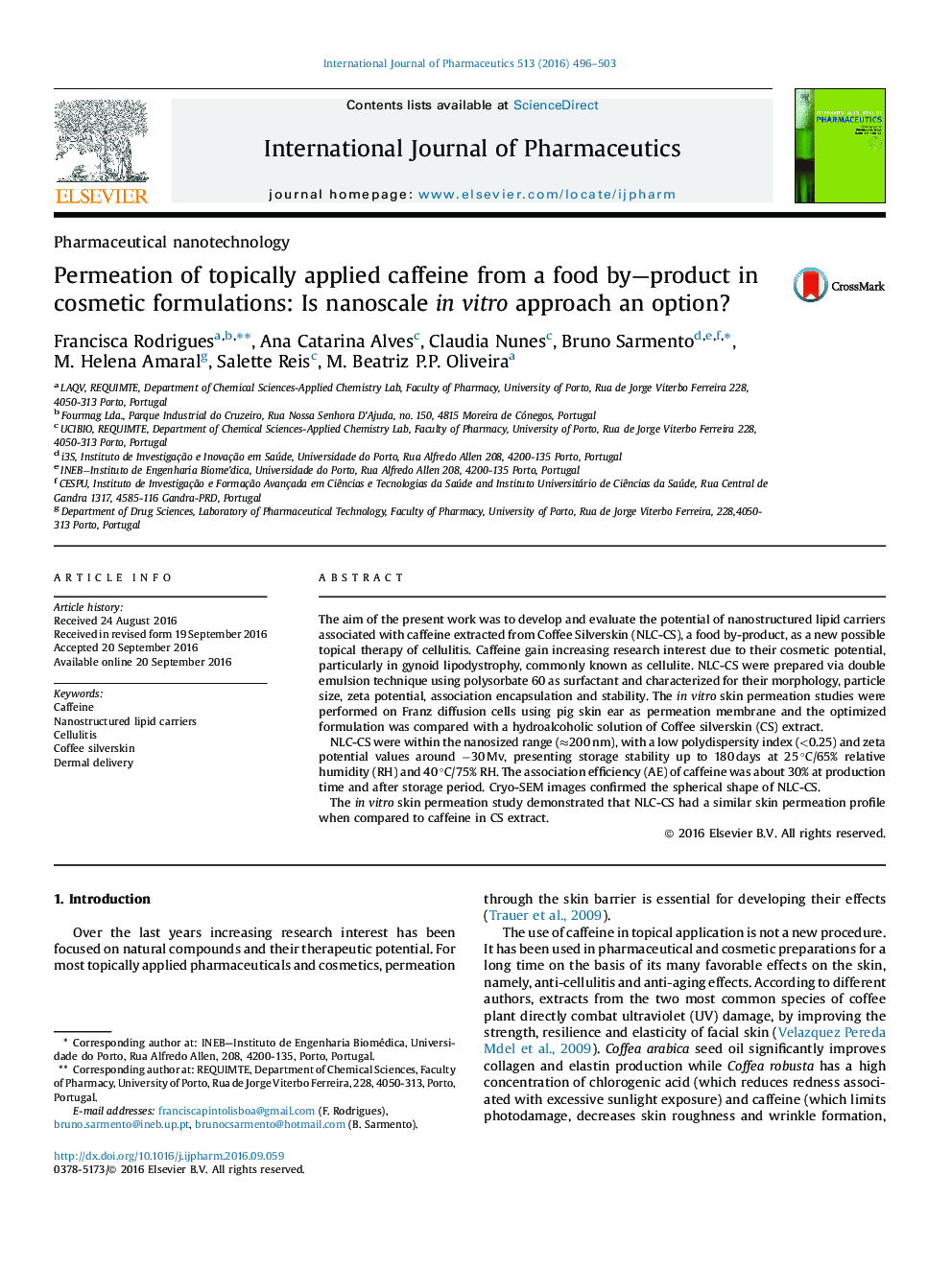 Permeation of topically applied caffeine from a food by-product in cosmetic formulations: Is nanoscale in vitro approach an option?