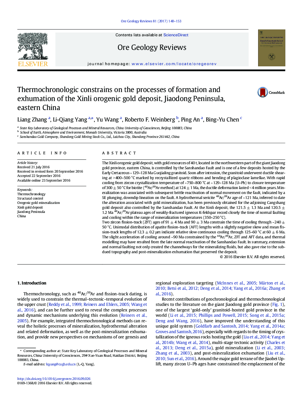 Thermochronologic constrains on the processes of formation and exhumation of the Xinli orogenic gold deposit, Jiaodong Peninsula, eastern China