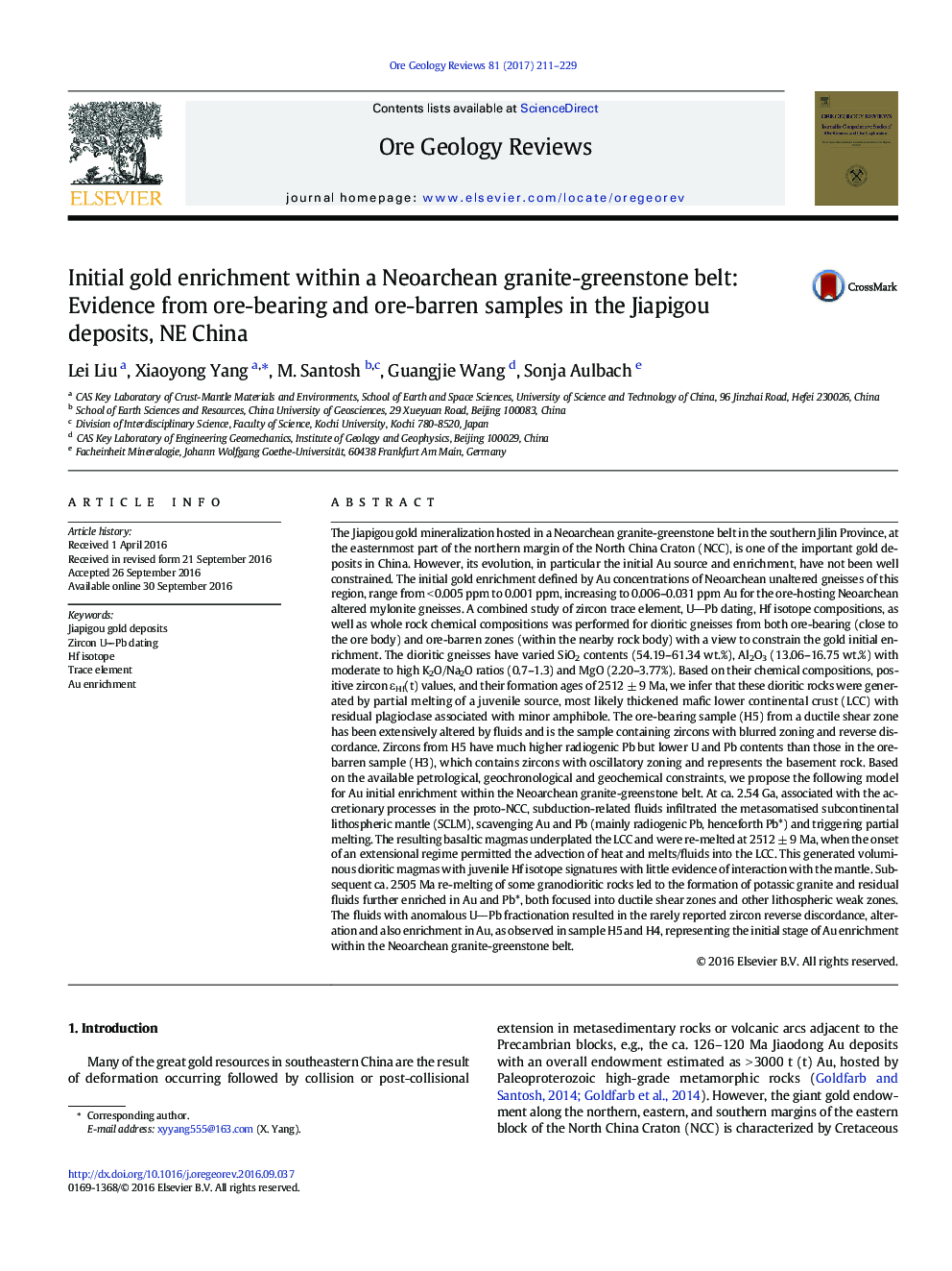 Initial gold enrichment within a Neoarchean granite-greenstone belt: Evidence from ore-bearing and ore-barren samples in the Jiapigou deposits, NE China