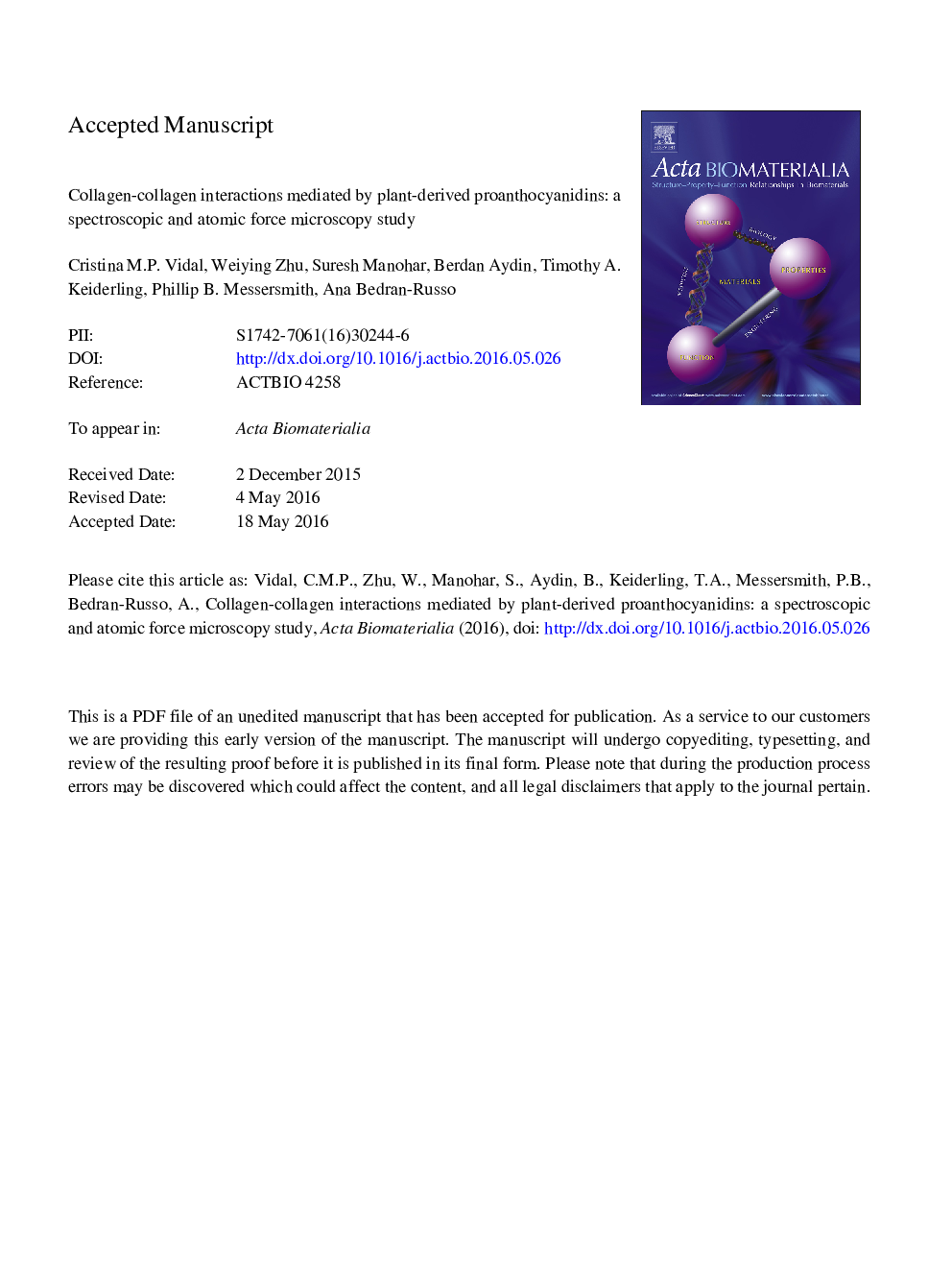 تعاملات کلاژن و کلاژن با استفاده از پروانتوسیانیدین های تولید شده گیاهی: مطالعه میکروسکوپ نیروی طیفی و اتمی 