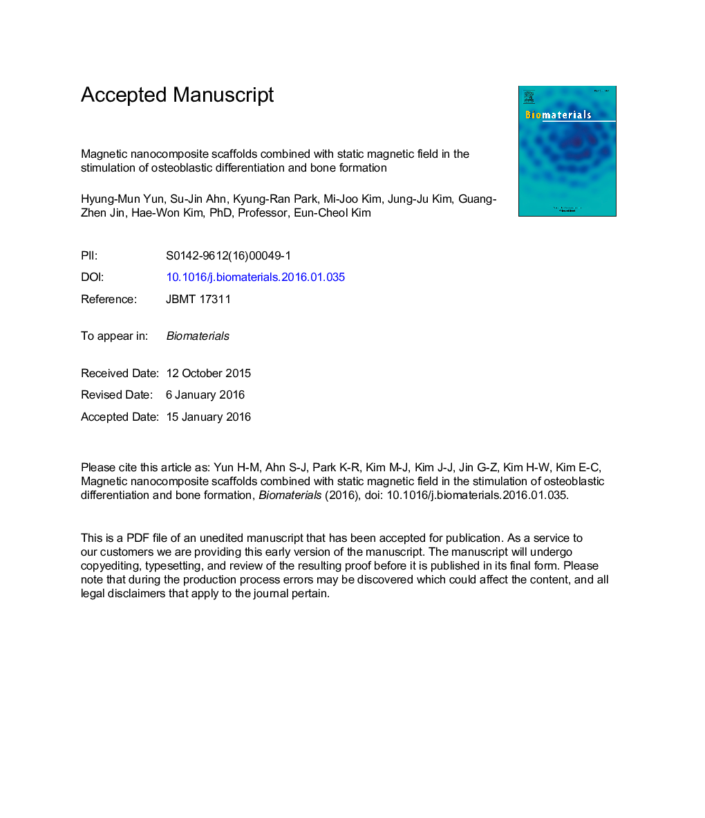 داربست نانوکامپوزیت مغناطیسی همراه با میدان مغناطیسی استاتیک در تحریک تمایز استئوبلاستیک و تشکیل استخوان 