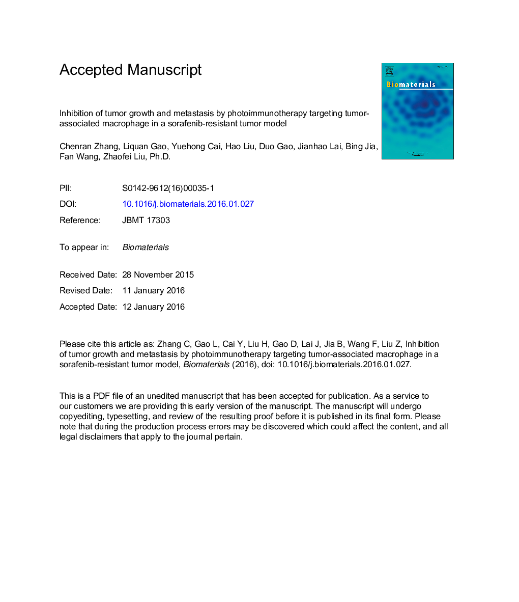 مهار رشد تومور و متاستاز توسط عکسیمونیوتراپی که هدف ماکروفاژ مربوط به تومور در یک مدل تومور مقاوم به سارافنیب است 