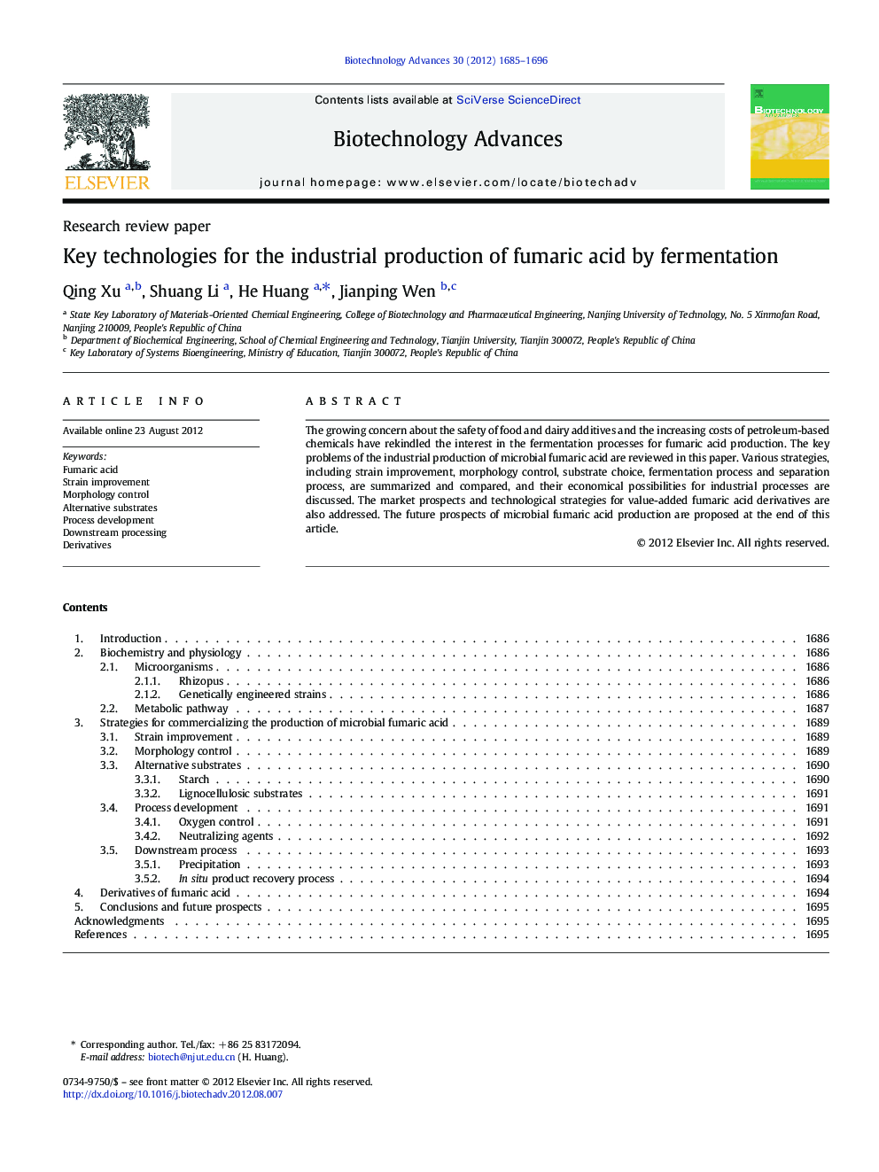 Key technologies for the industrial production of fumaric acid by fermentation